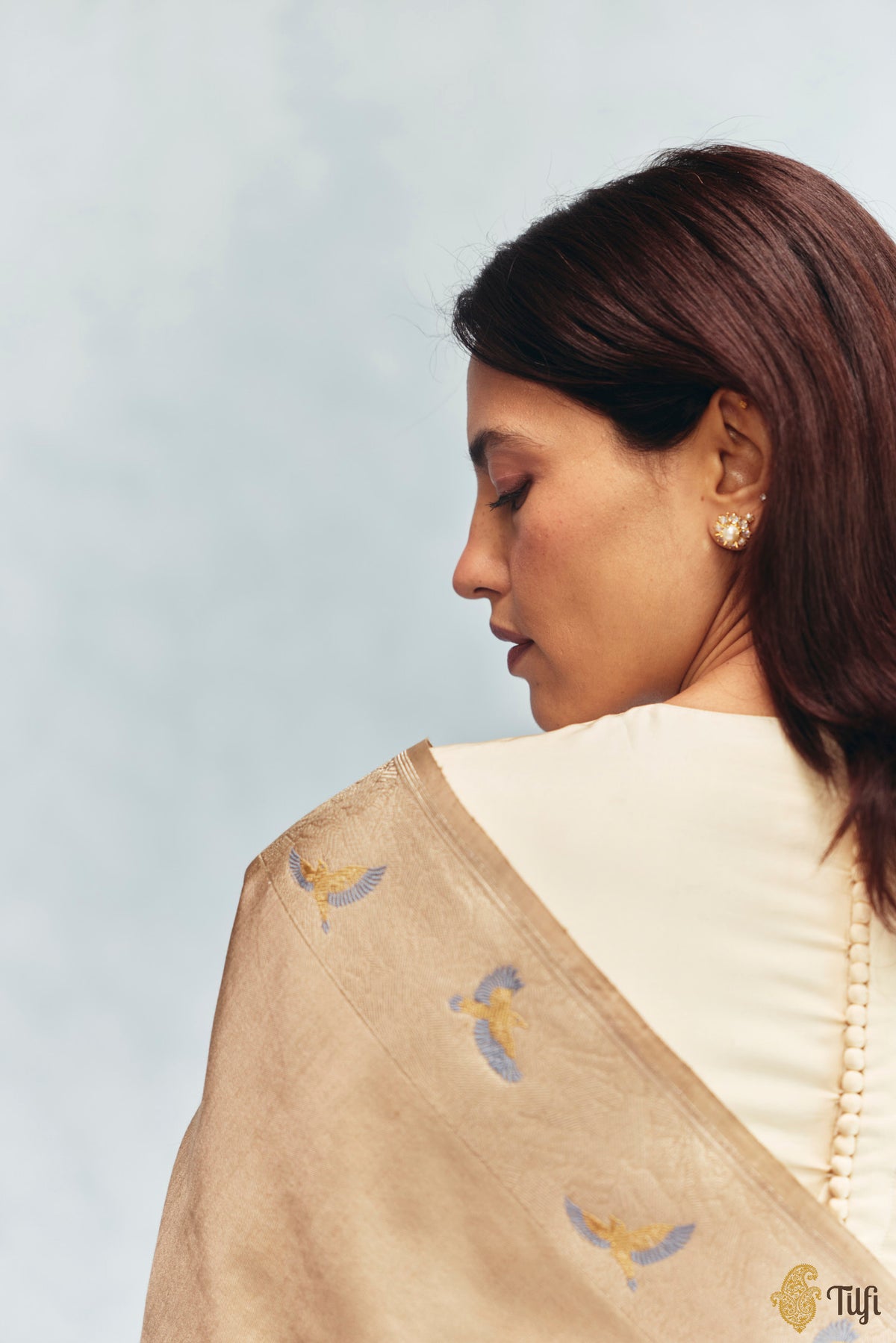 Pre-Order: 'FrostBorn' Cream-Beige Silk-Pashmina Wool Banarasi Handloom Saree