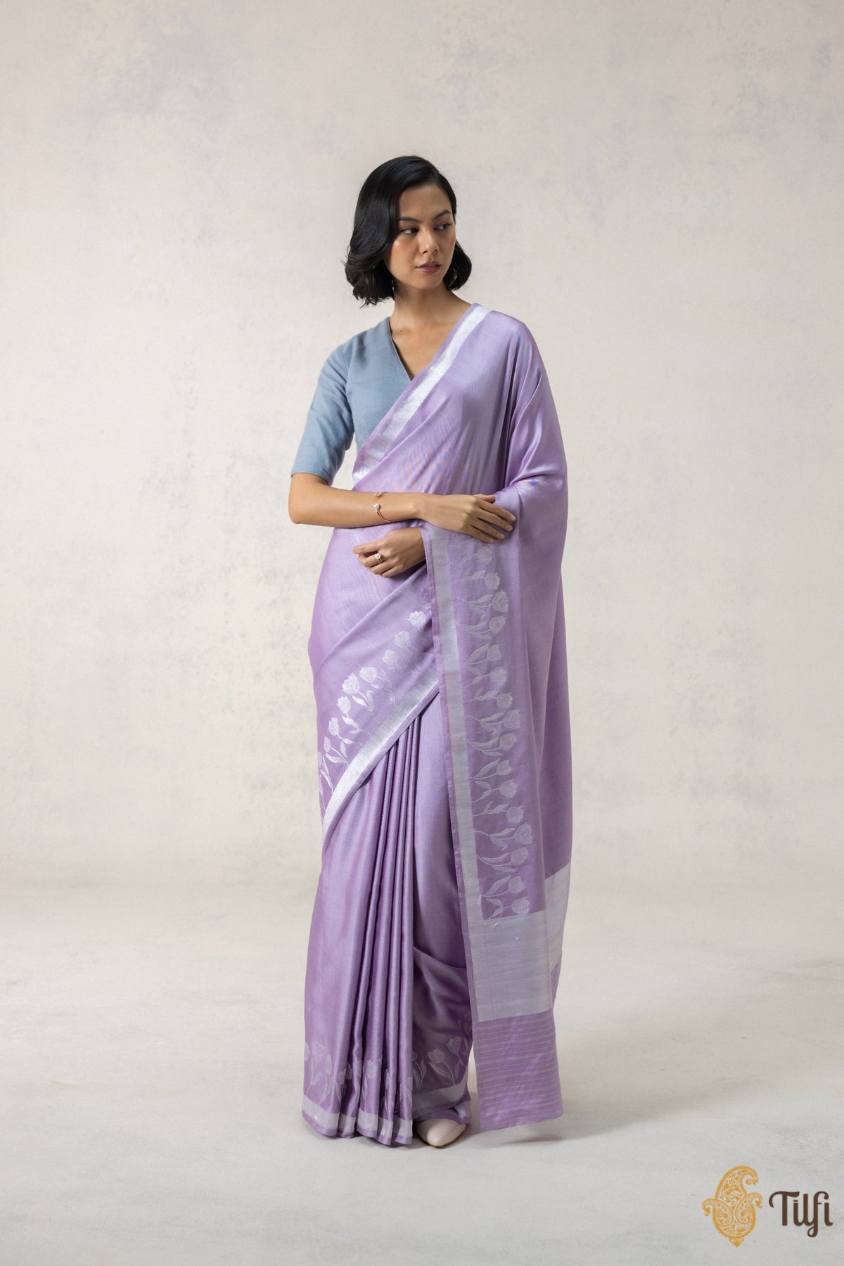 Lilac Silk-Pashmina Wool Banarasi Handloom Saree