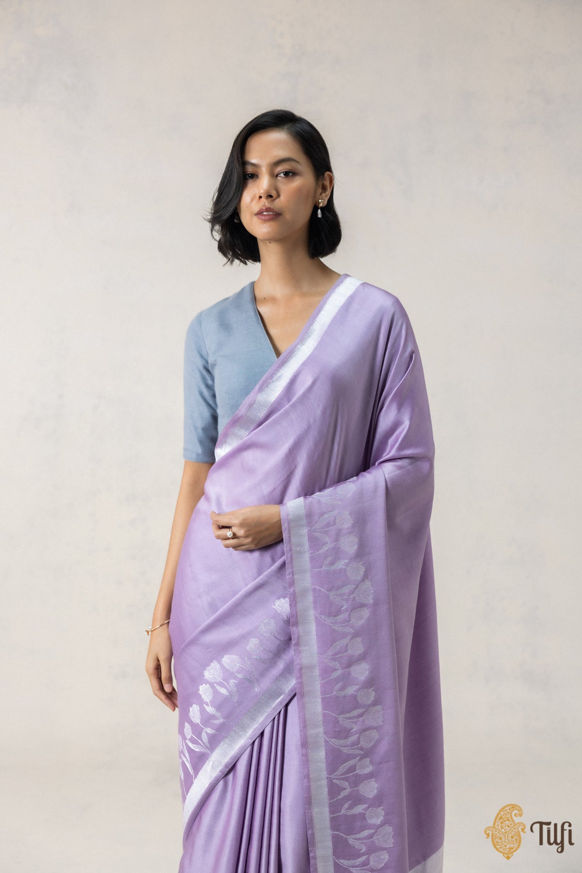 Lilac Silk-Pashmina Wool Banarasi Handloom Saree