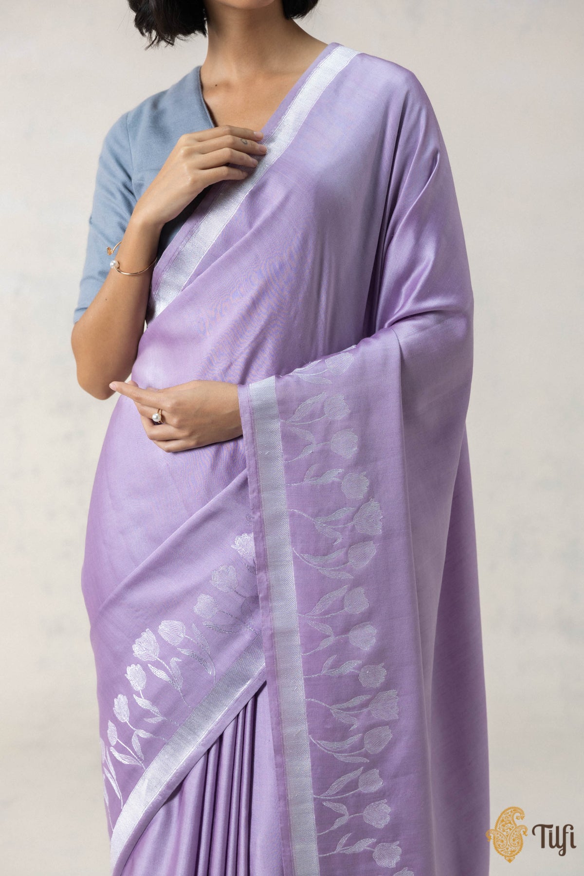 Lilac Silk-Pashmina Wool Banarasi Handloom Saree