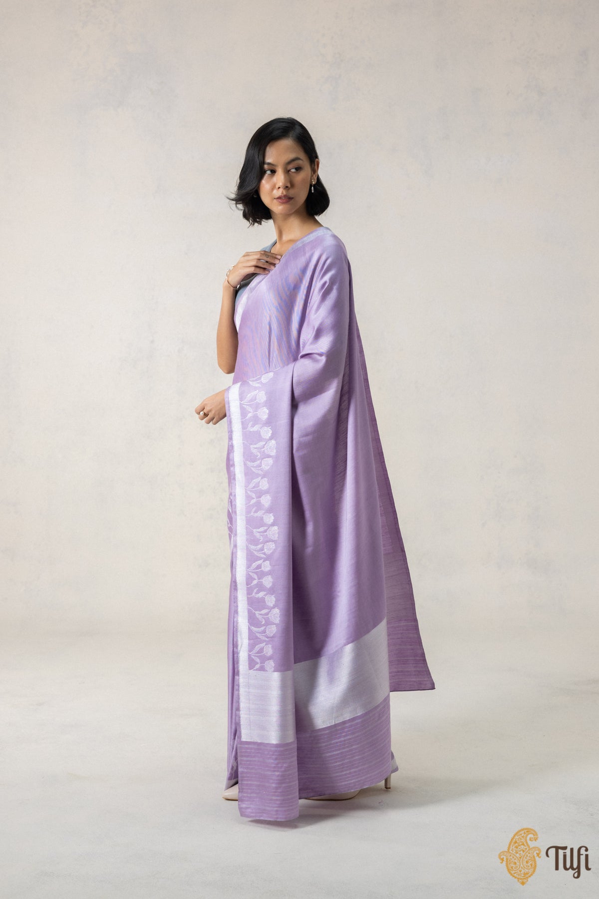 Lilac Silk-Pashmina Wool Banarasi Handloom Saree