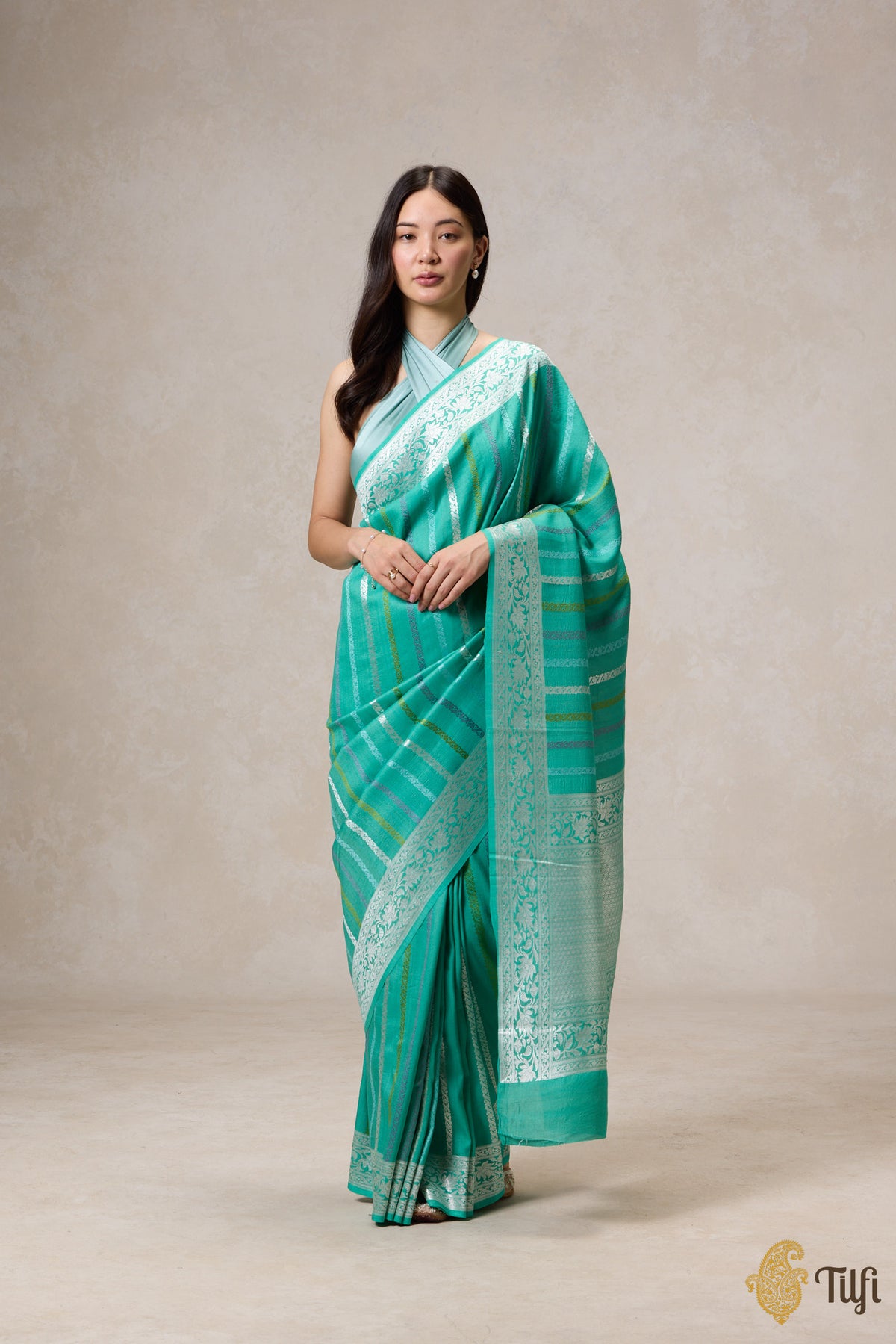 Green Pure Tussar Georgette Banarasi Handloom Saree