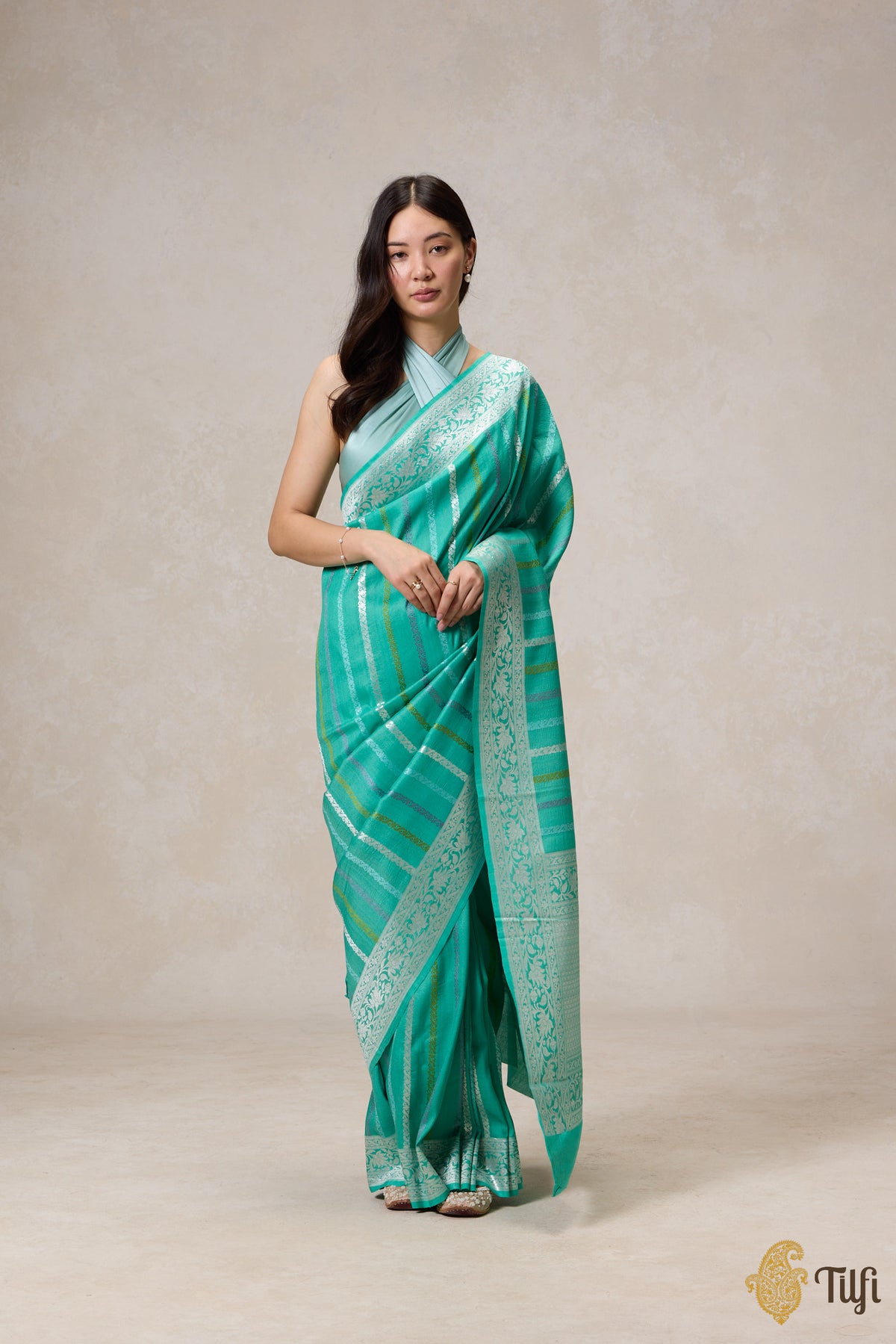 Green Pure Tussar Georgette Banarasi Handloom Saree