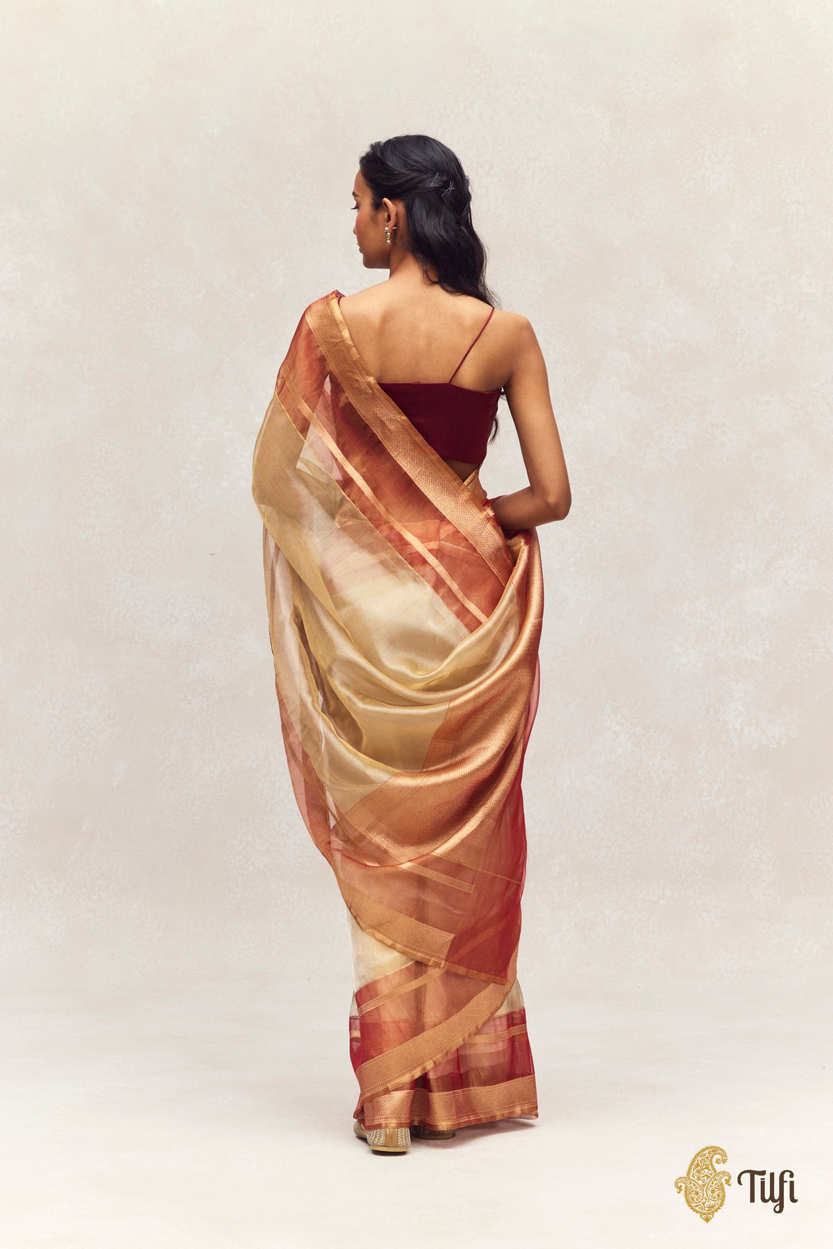 Gold Rust Red Plain Kadiyal Tissue Saree