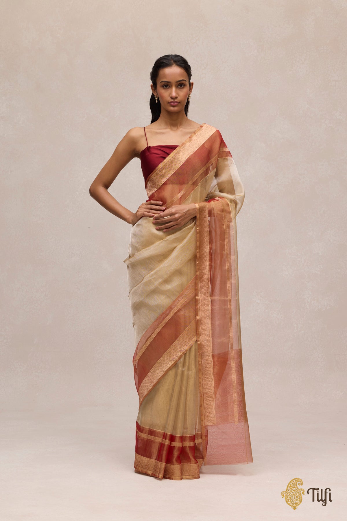 Gold Rust Red Plain Kadiyal Tissue Saree