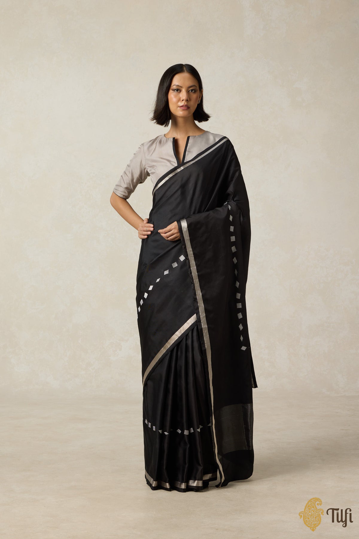 &#39;Aria&#39; Black Pure Silk Twill Banarasi Handloom Saree