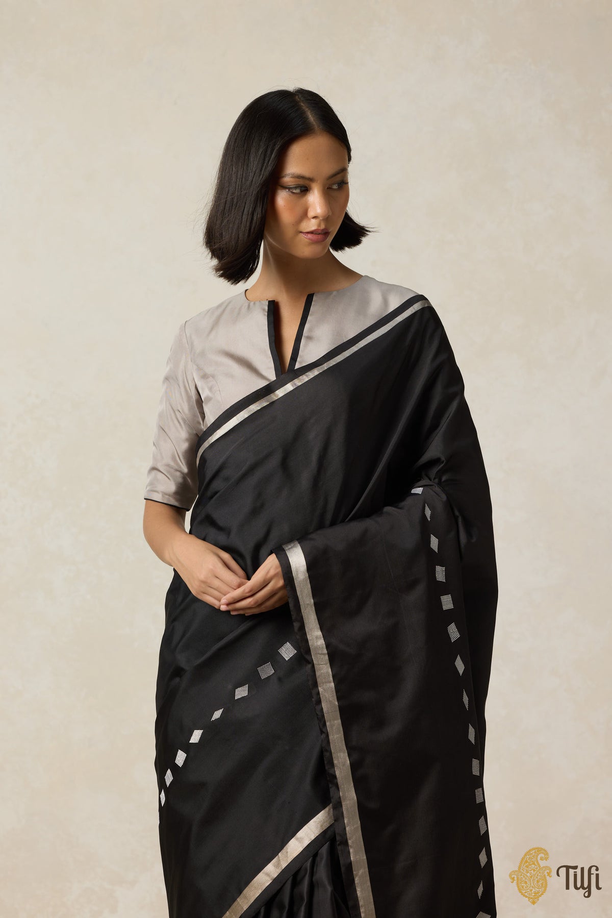 &#39;Aria&#39; Black Pure Silk Twill Banarasi Handloom Saree