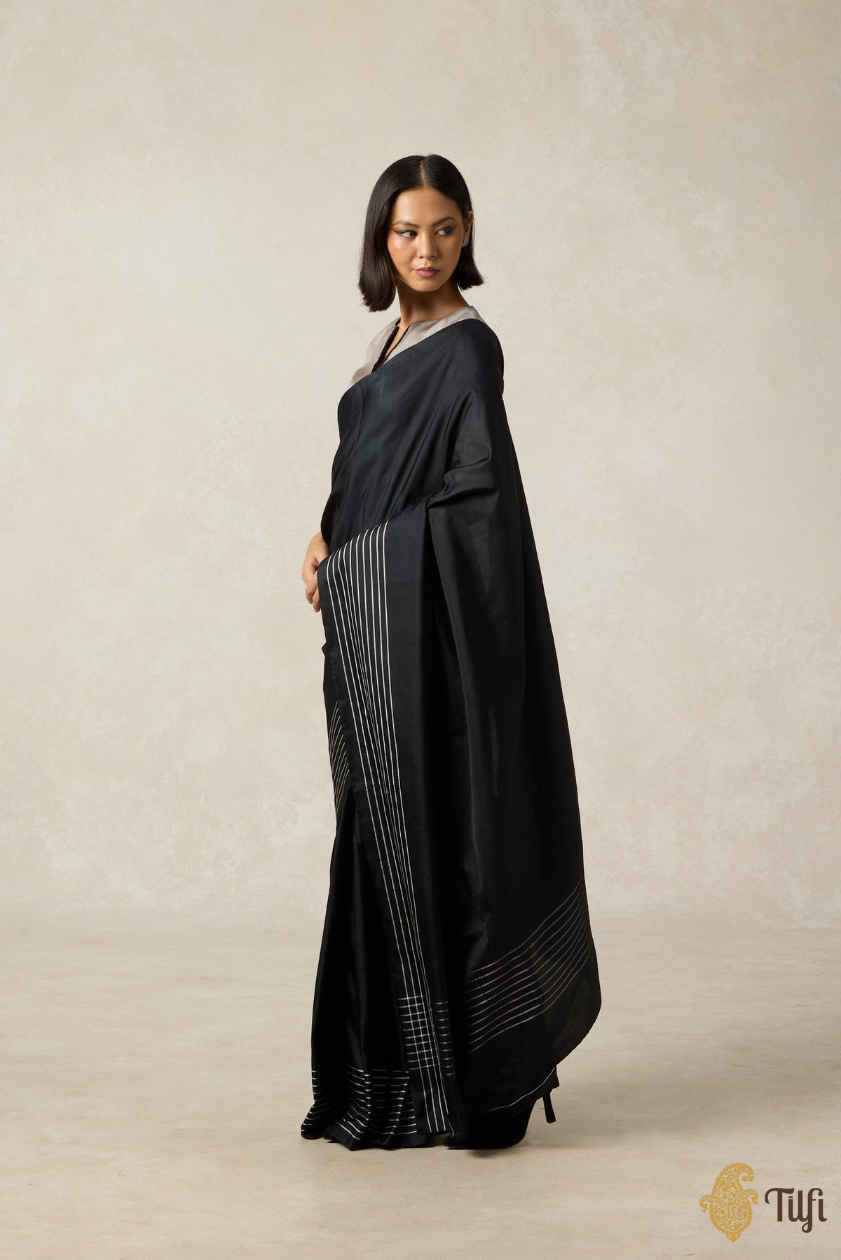 Pre-Order: &#39;Nocturne&#39; Black Pure Silk Twill Banarasi Handloom Saree