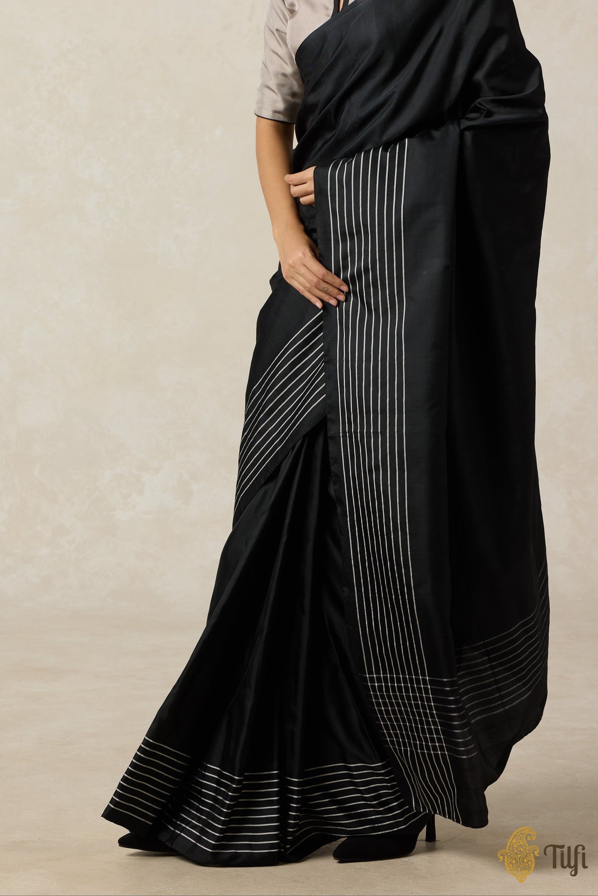 Pre-Order: &#39;Nocturne&#39; Black Pure Silk Twill Banarasi Handloom Saree