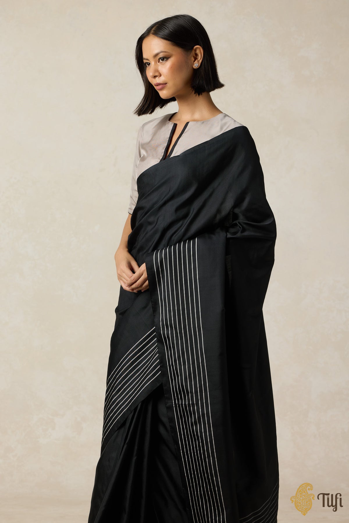 Pre-Order: &#39;Nocturne&#39; Black Pure Silk Twill Banarasi Handloom Saree