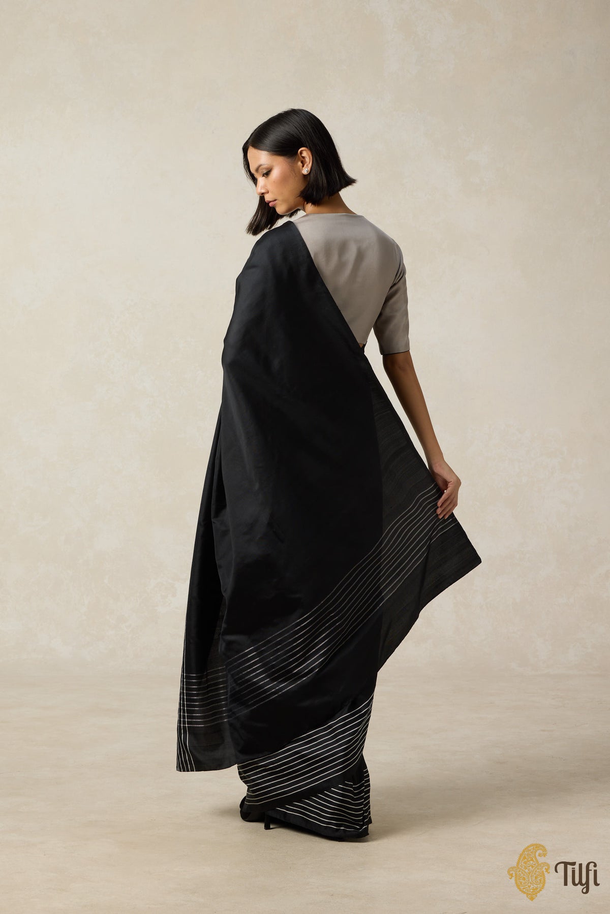 Pre-Order: &#39;Nocturne&#39; Black Pure Silk Twill Banarasi Handloom Saree