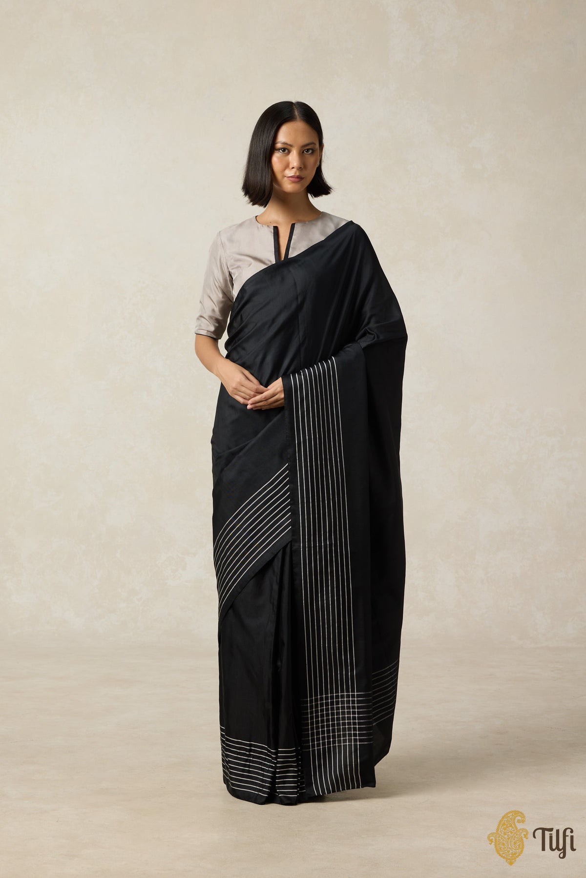 Pre-Order: &#39;Nocturne&#39; Black Pure Silk Twill Banarasi Handloom Saree