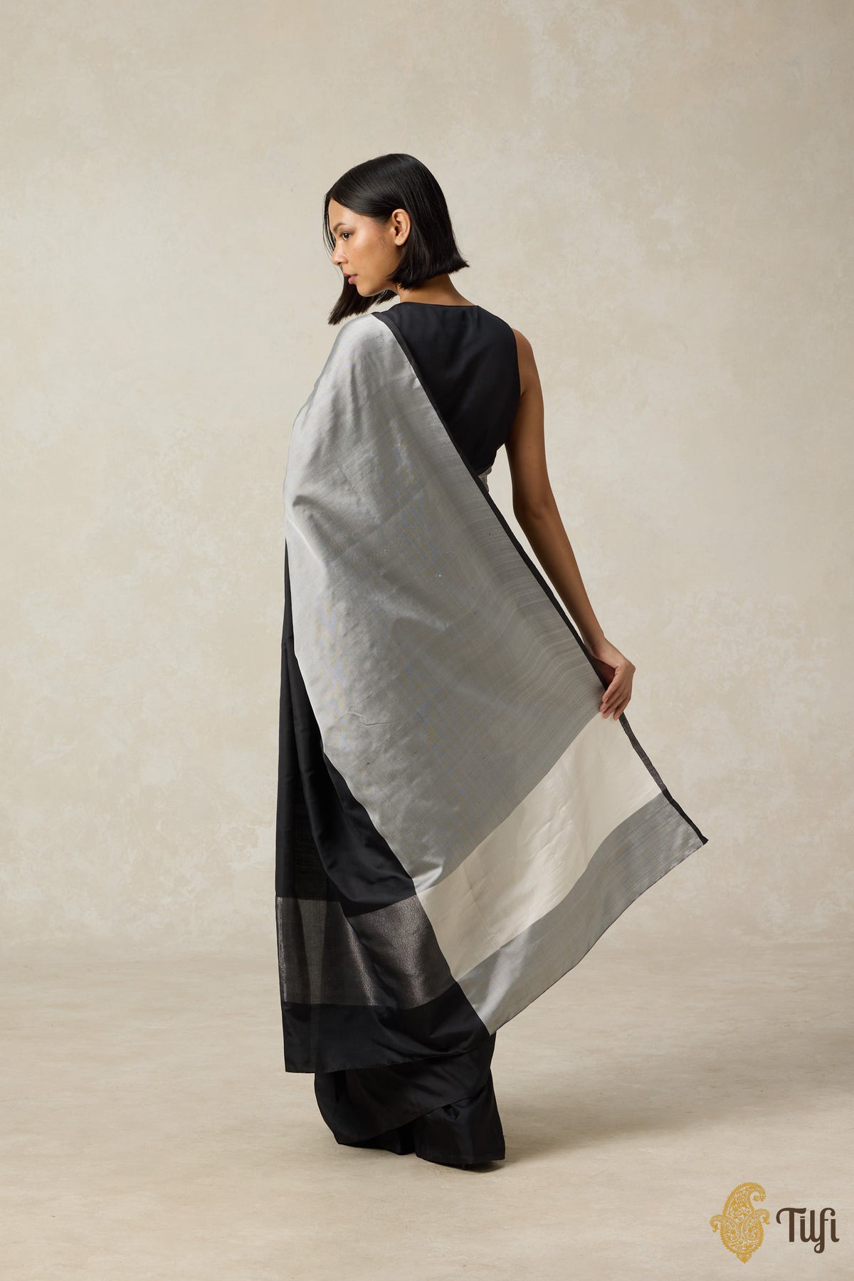 Pre-Order: &#39;Serenade&#39; Grey-Black Pure Silk Twill Banarasi Handloom Saree