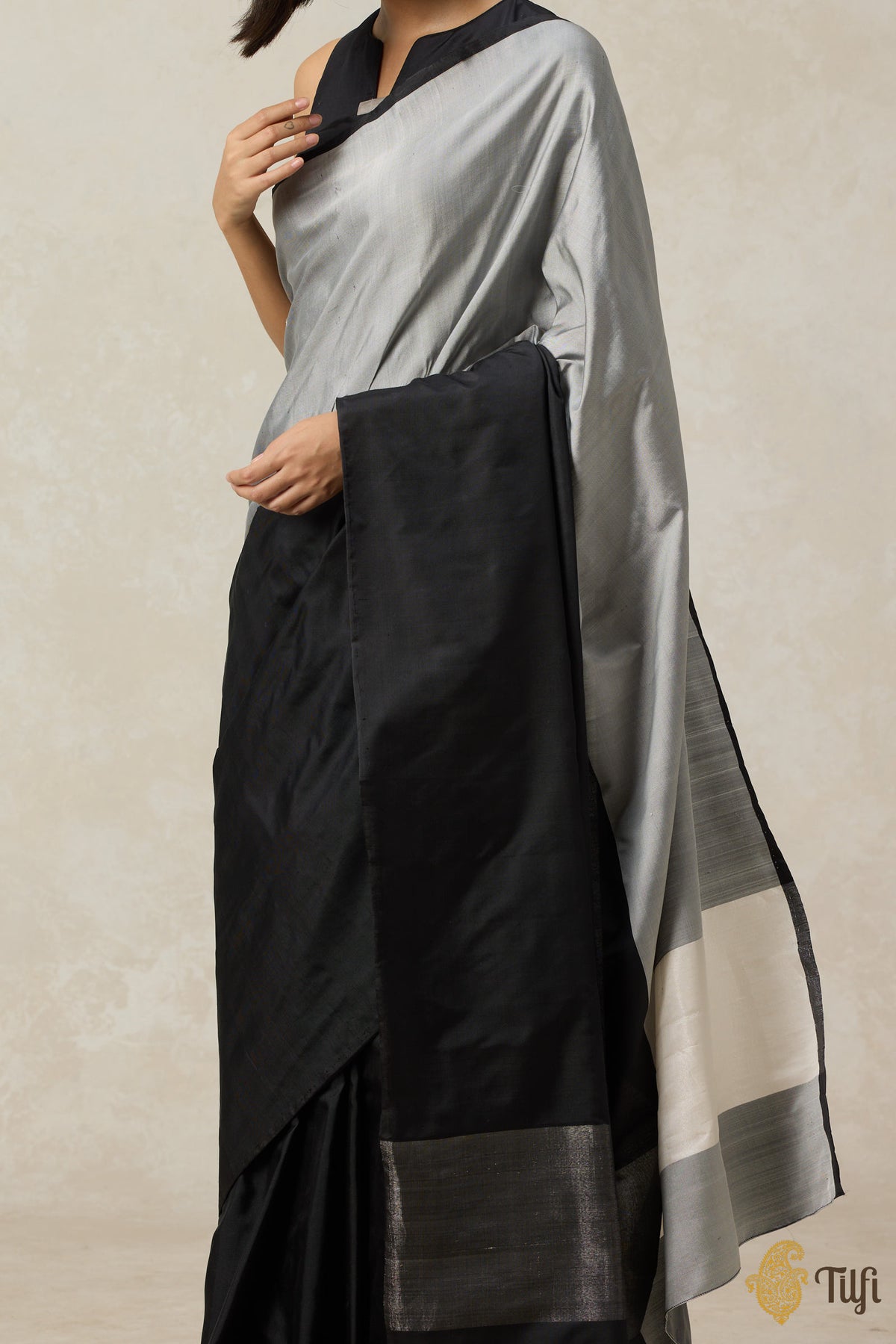 Pre-Order: &#39;Serenade&#39; Grey-Black Pure Silk Twill Banarasi Handloom Saree