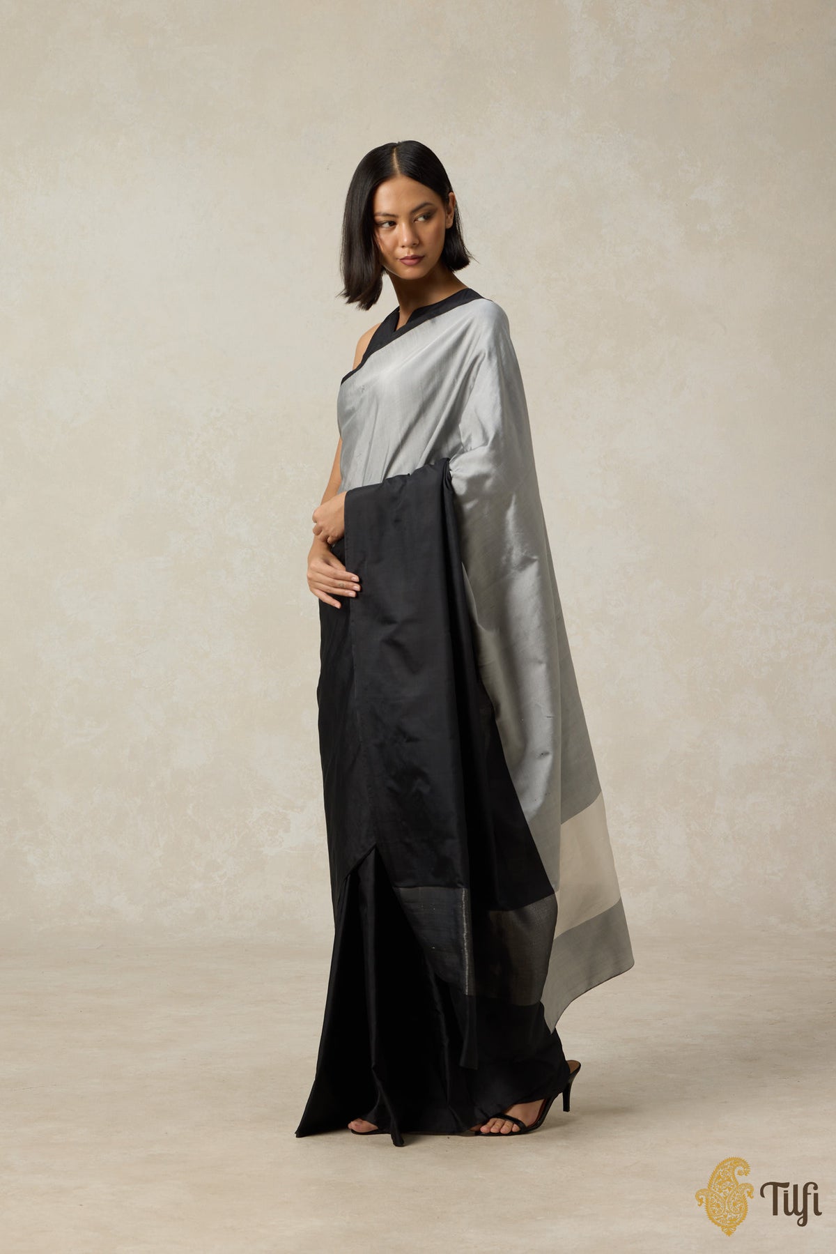 Pre-Order: &#39;Serenade&#39; Grey-Black Pure Silk Twill Banarasi Handloom Saree