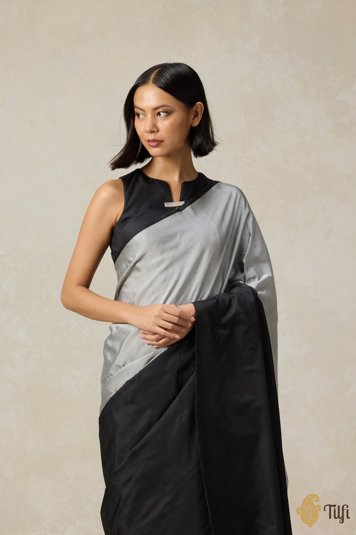 Pre-Order: &#39;Serenade&#39; Grey-Black Pure Silk Twill Banarasi Handloom Saree