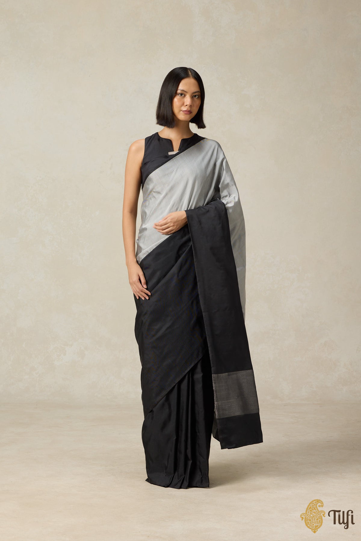 Pre-Order: &#39;Serenade&#39; Grey-Black Pure Silk Twill Banarasi Handloom Saree