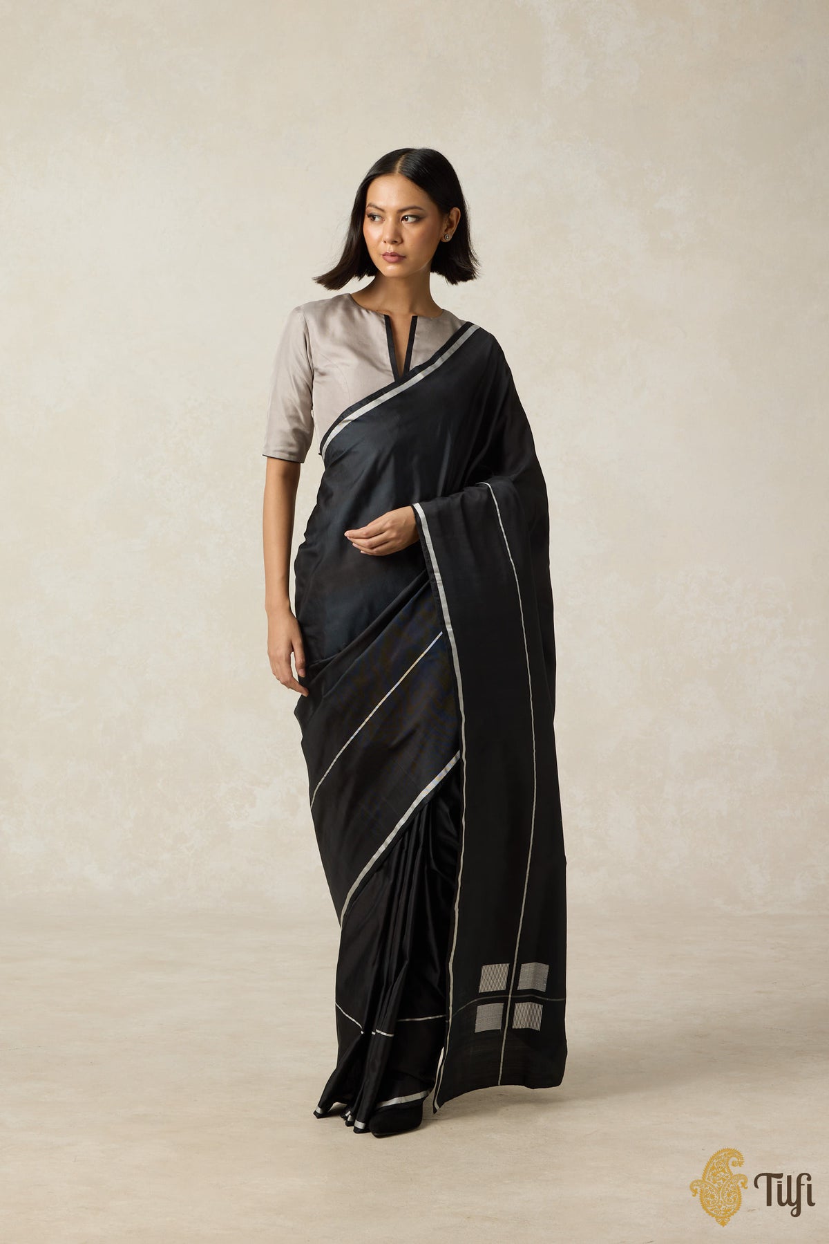 &#39;Ballade&#39; Black Pure Silk Twill Banarasi Handloom Saree