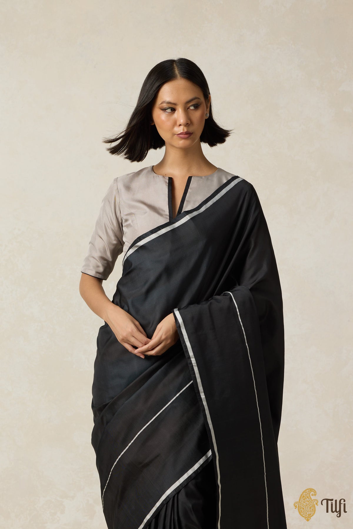 &#39;Ballade&#39; Black Pure Silk Twill Banarasi Handloom Saree