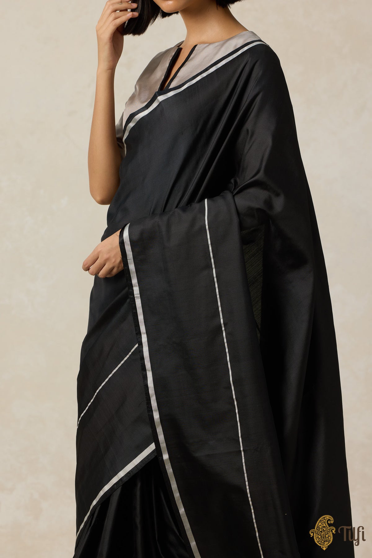 &#39;Ballade&#39; Black Pure Silk Twill Banarasi Handloom Saree