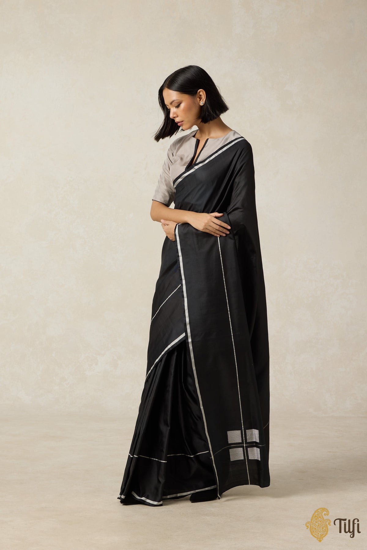 &#39;Ballade&#39; Black Pure Silk Twill Banarasi Handloom Saree