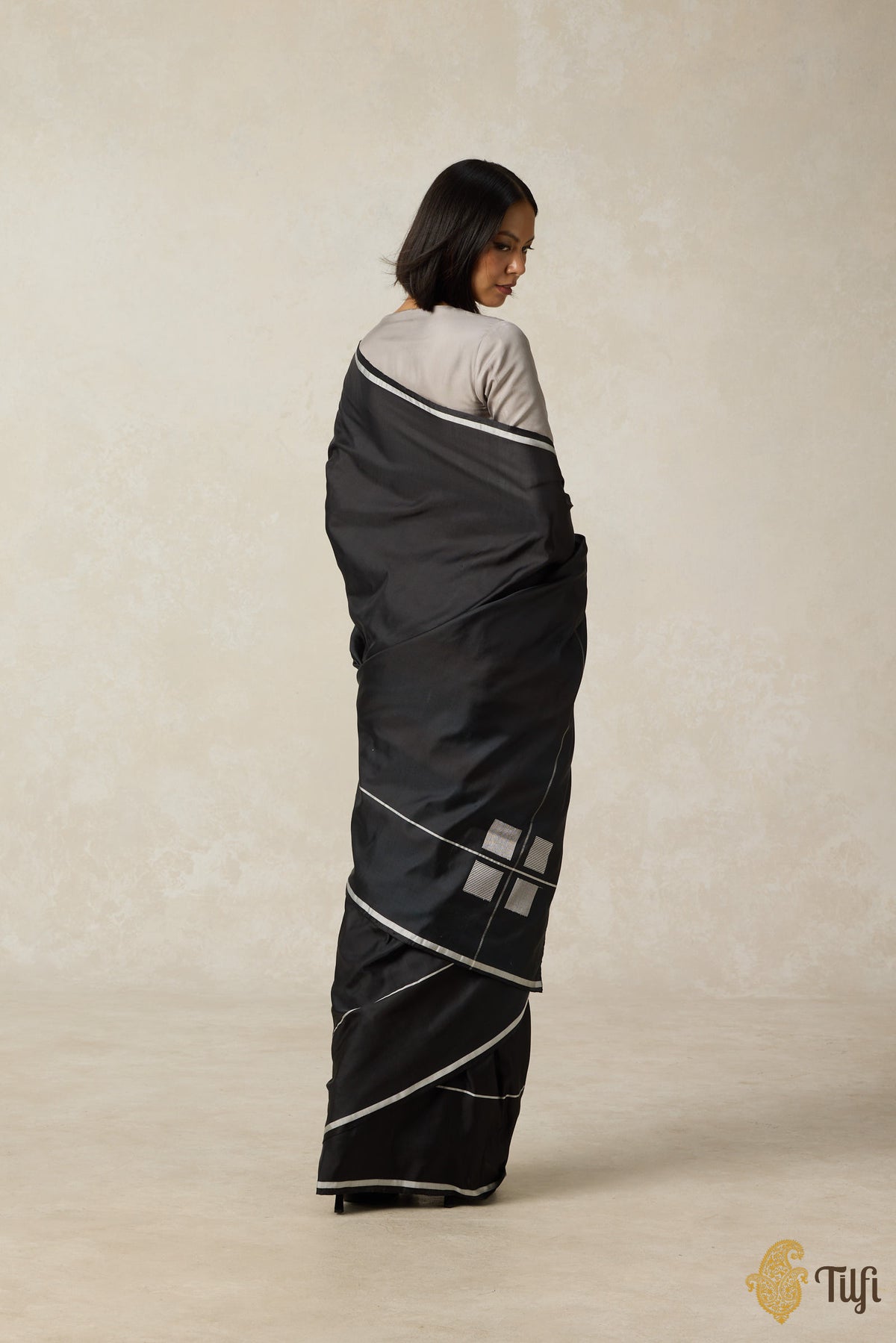 &#39;Ballade&#39; Black Pure Silk Twill Banarasi Handloom Saree