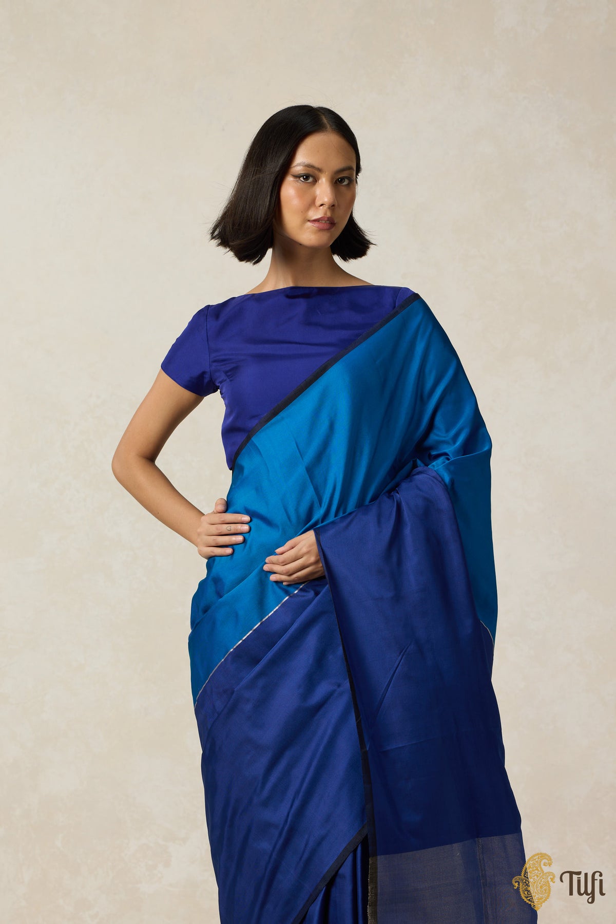 &#39;Serenade&#39; Shade of Blue Pure Silk Twill Banarasi Handloom Saree