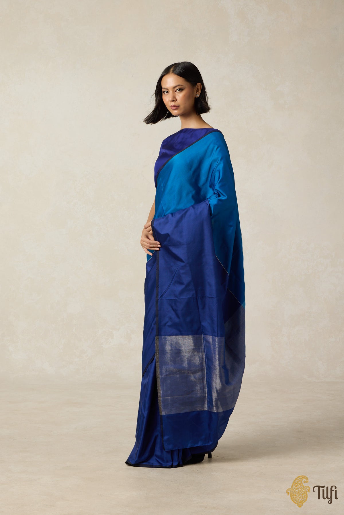 &#39;Serenade&#39; Shade of Blue Pure Silk Twill Banarasi Handloom Saree