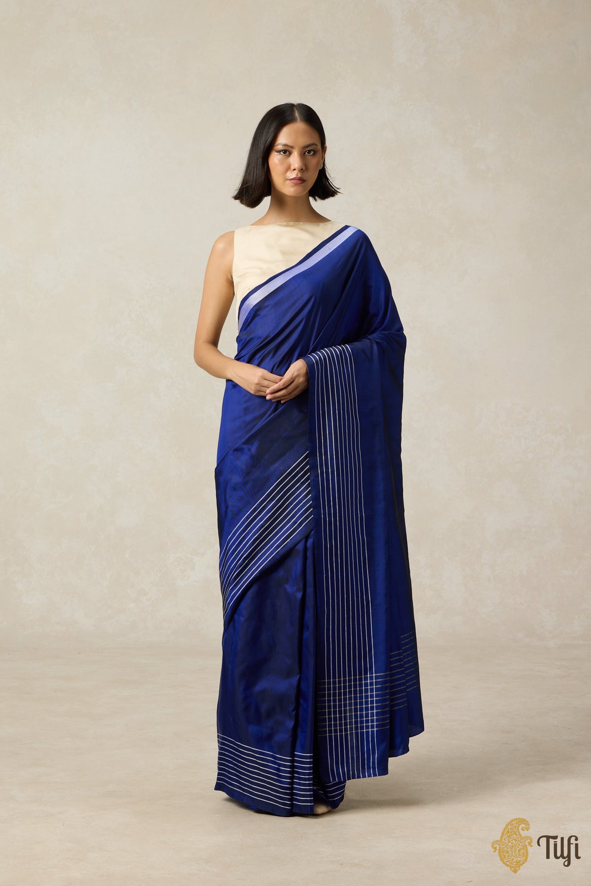 &#39;Nocturne&#39; Blue Pure Silk Twill Banarasi Handloom Saree