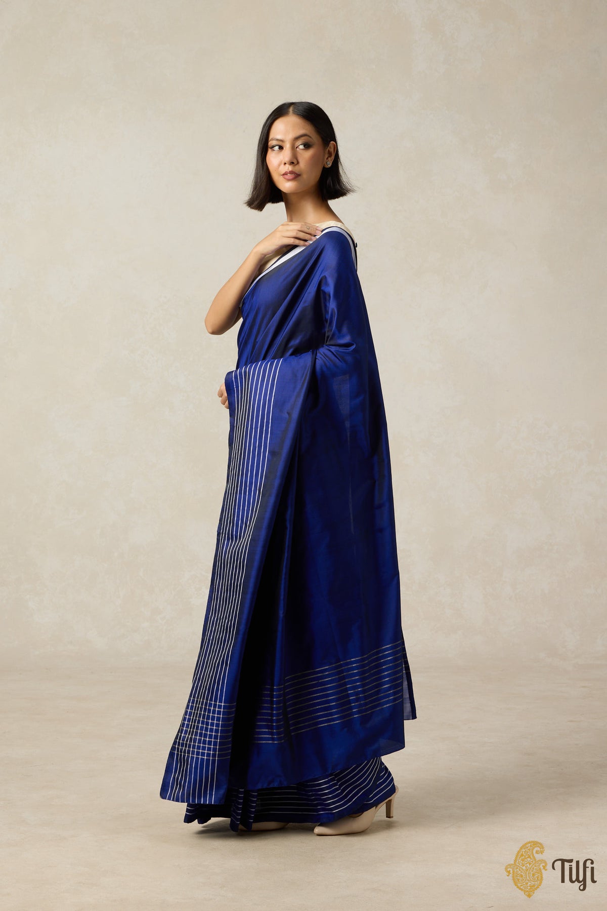 &#39;Nocturne&#39; Blue Pure Silk Twill Banarasi Handloom Saree