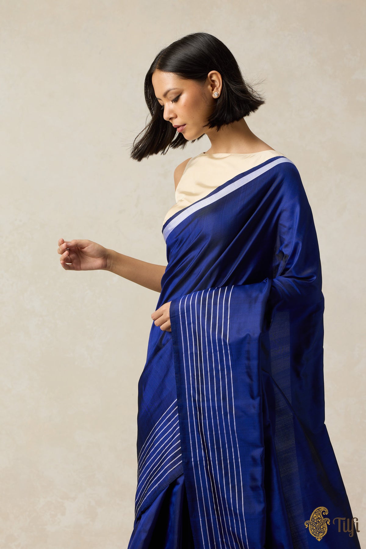 &#39;Nocturne&#39; Blue Pure Silk Twill Banarasi Handloom Saree