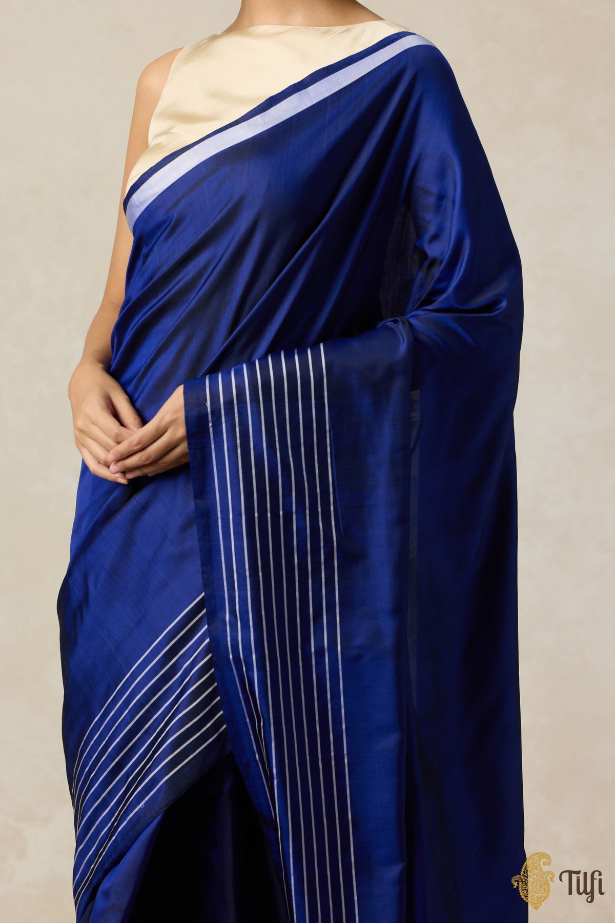 &#39;Nocturne&#39; Blue Pure Silk Twill Banarasi Handloom Saree