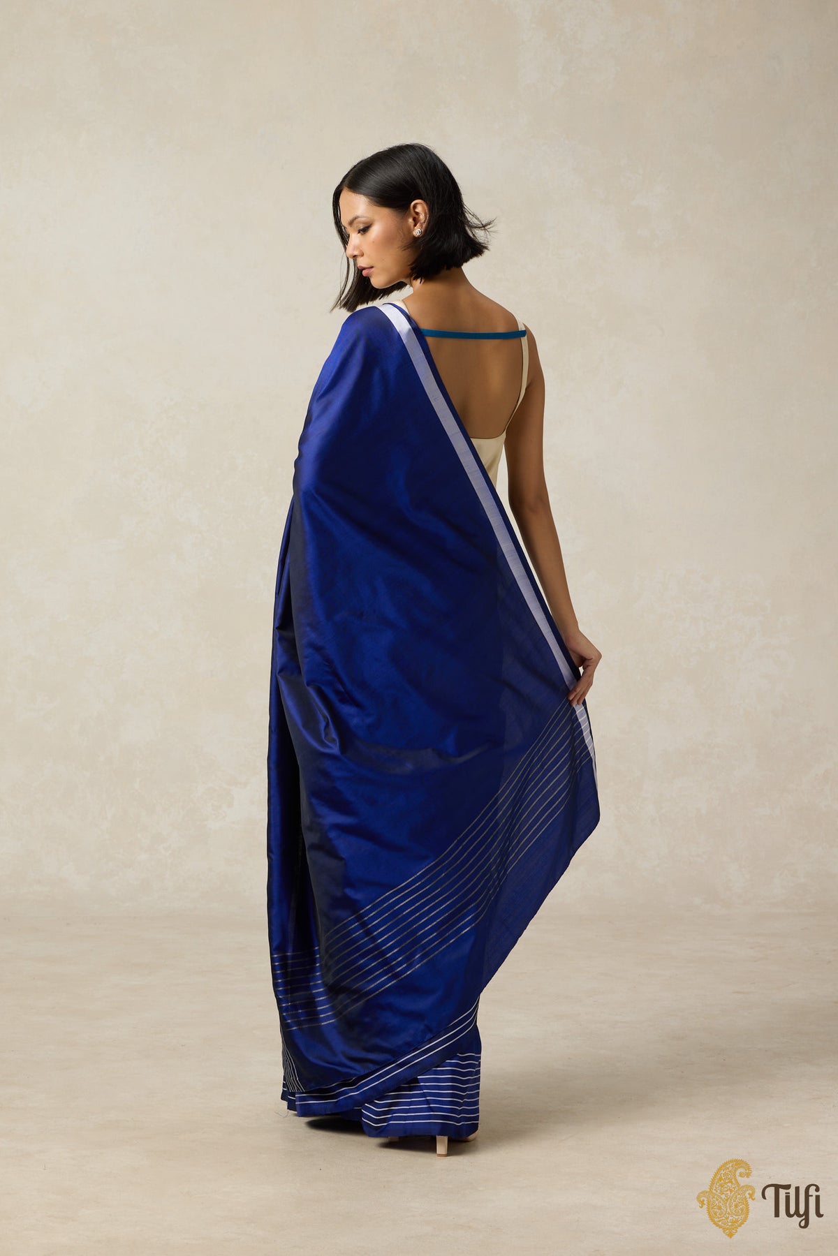 &#39;Nocturne&#39; Blue Pure Silk Twill Banarasi Handloom Saree