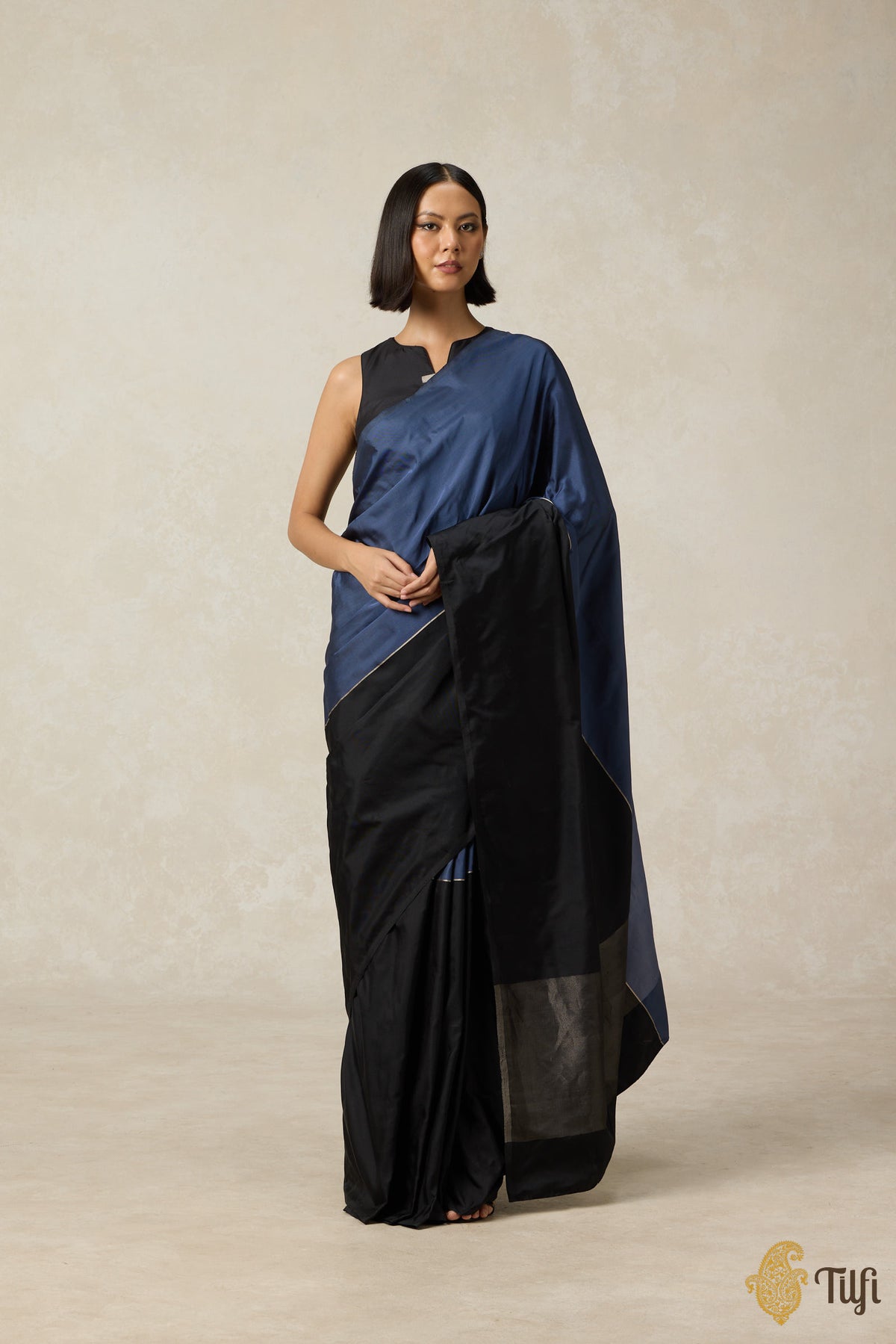 &#39;Serenade&#39; Black &amp; Ink Blue Pure Silk Twill Banarasi Handloom Saree