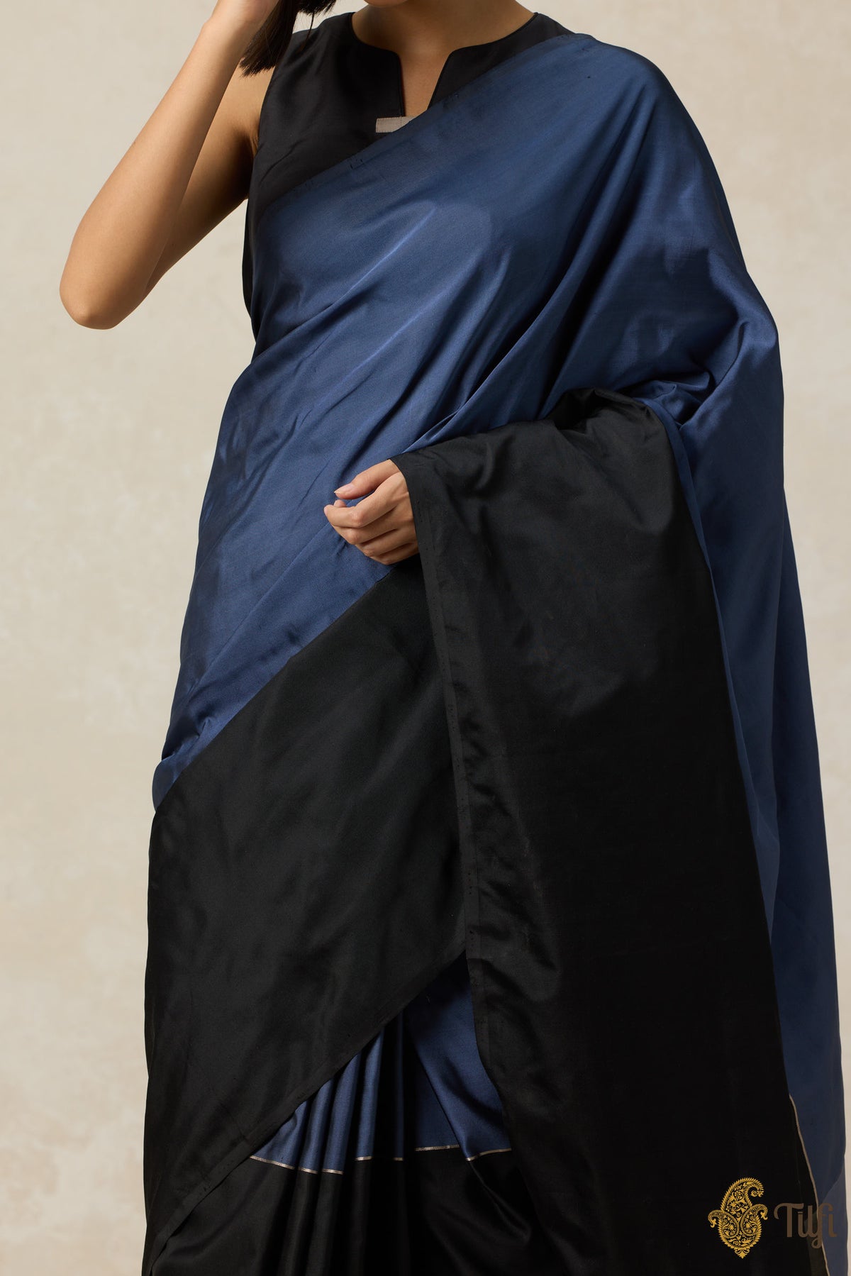 &#39;Serenade&#39; Black &amp; Ink Blue Pure Silk Twill Banarasi Handloom Saree