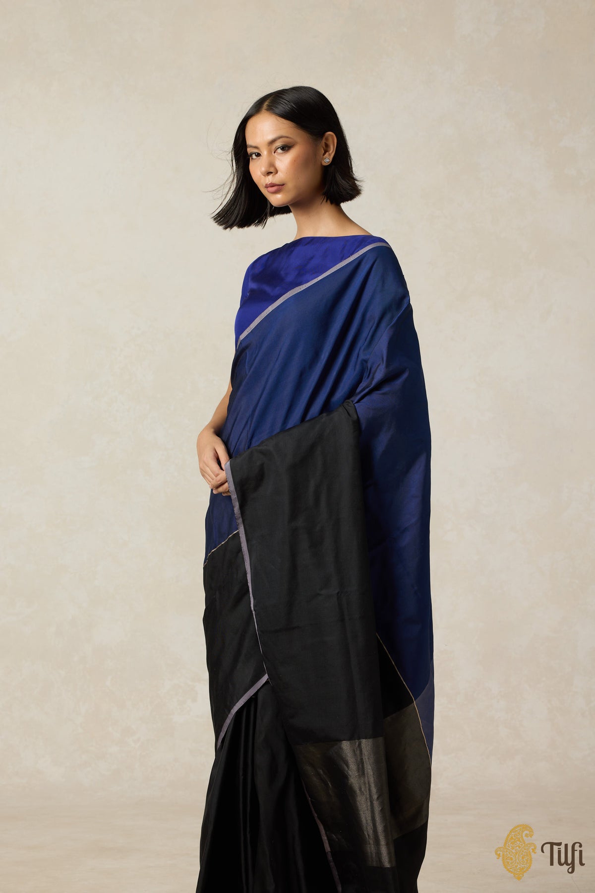 &#39;Serenade&#39; Navy Blue-Black Pure Silk Twill Banarasi Handloom Saree