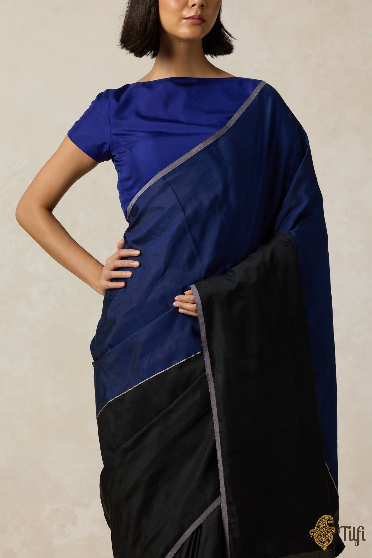 &#39;Serenade&#39; Navy Blue-Black Pure Silk Twill Banarasi Handloom Saree