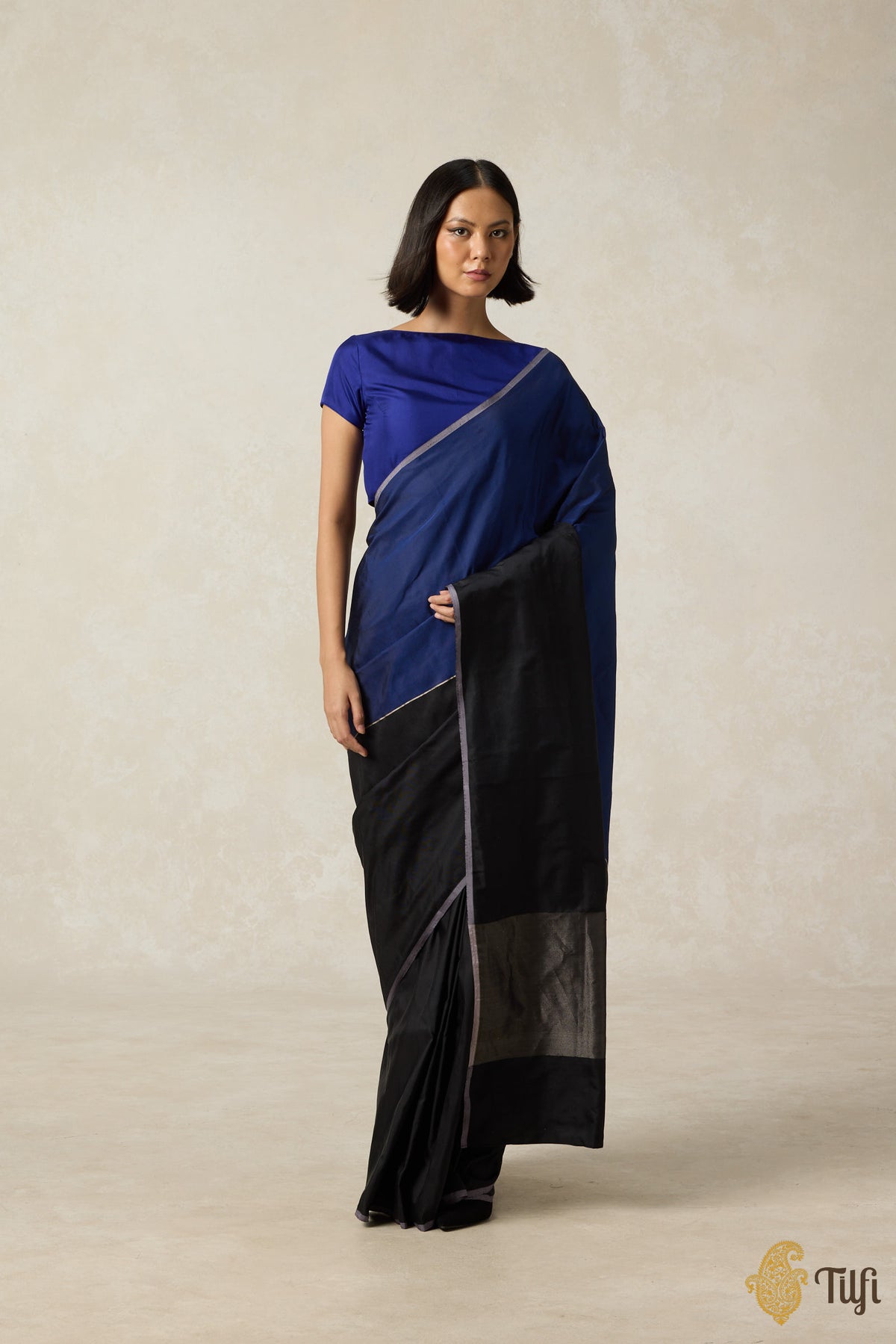 &#39;Serenade&#39; Navy Blue-Black Pure Silk Twill Banarasi Handloom Saree