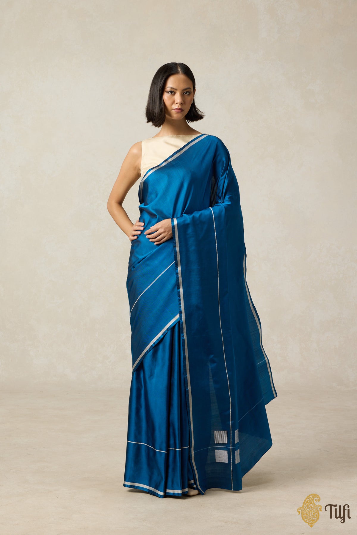 Pre-Order: &#39;Ballade&#39; Peacock Blue Pure Silk Twill Banarasi Handloom Saree