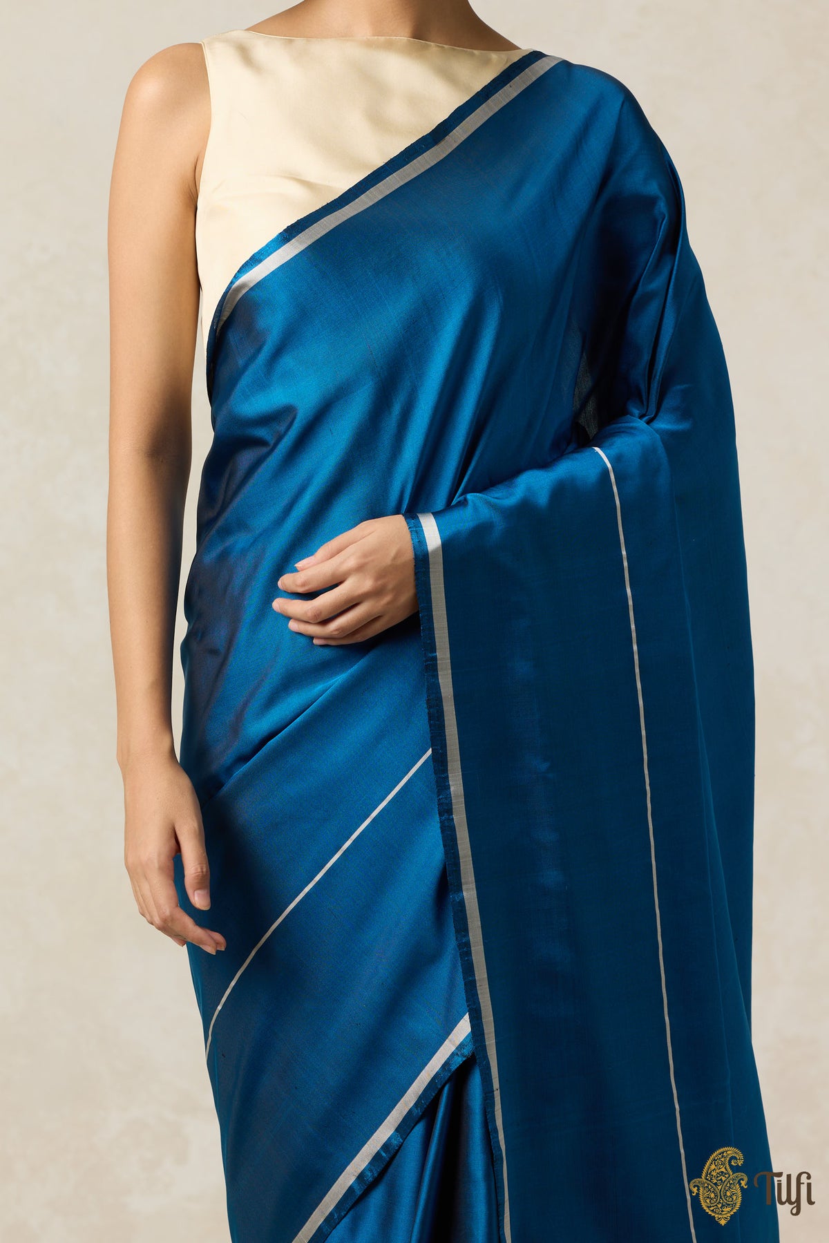 Pre-Order: &#39;Ballade&#39; Peacock Blue Pure Silk Twill Banarasi Handloom Saree