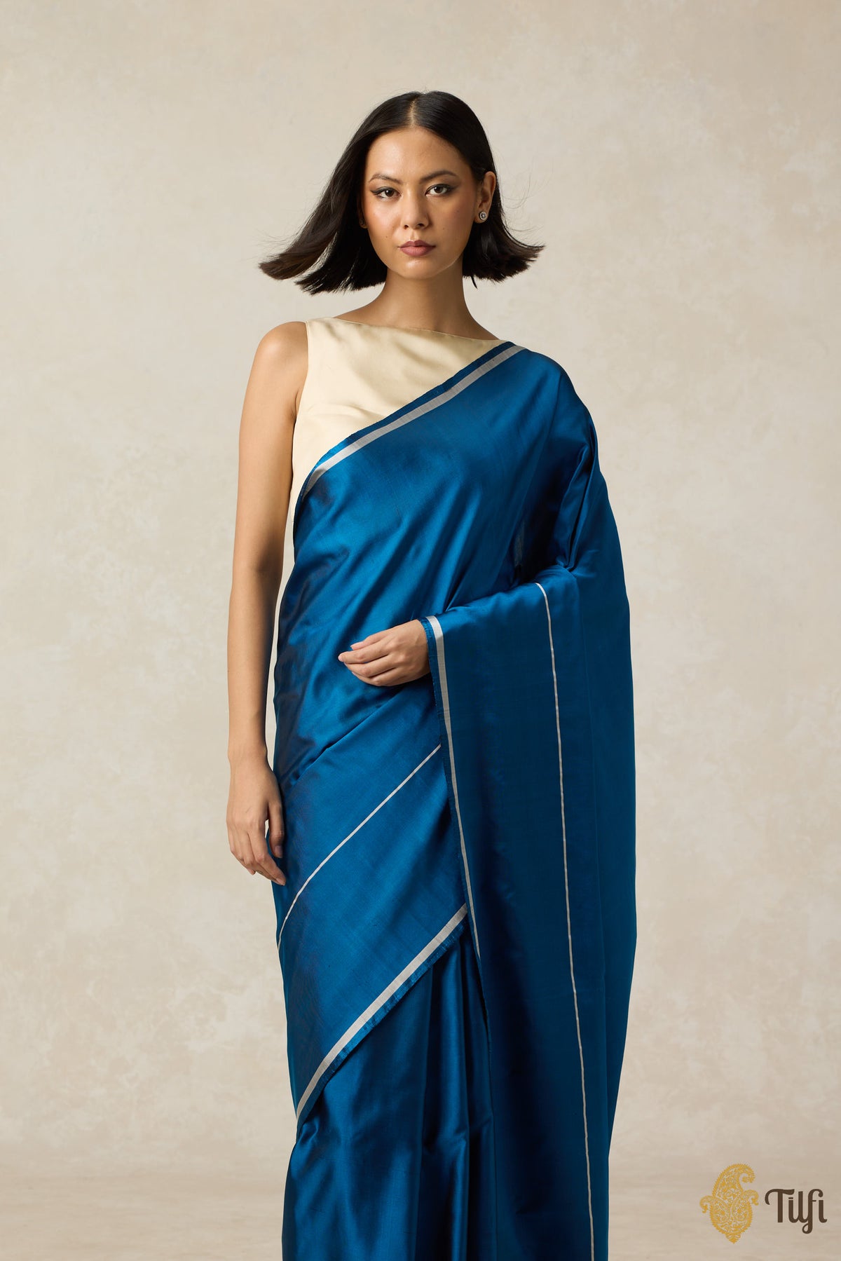 Pre-Order: &#39;Ballade&#39; Peacock Blue Pure Silk Twill Banarasi Handloom Saree