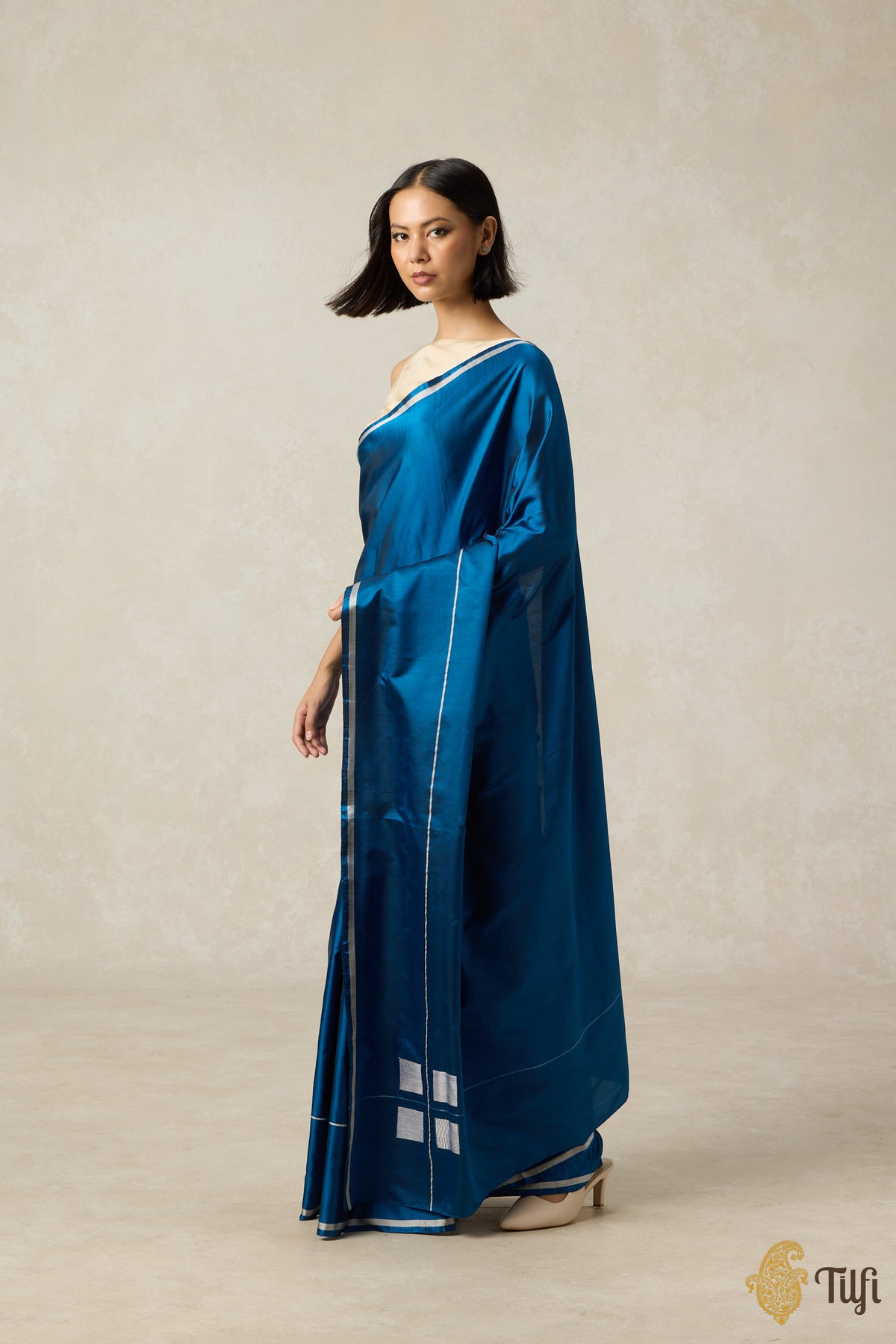 Pre-Order: &#39;Ballade&#39; Peacock Blue Pure Silk Twill Banarasi Handloom Saree