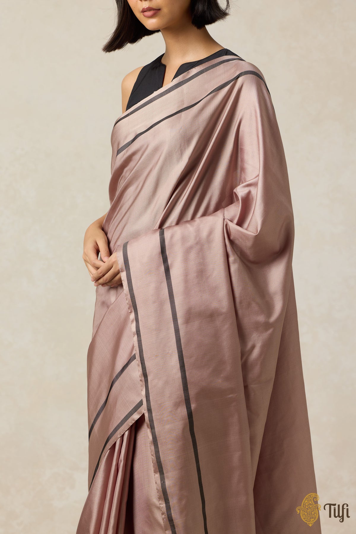 &#39;Concerto&#39; Pastel Brown Pure Silk Twill Banarasi Handloom Sare