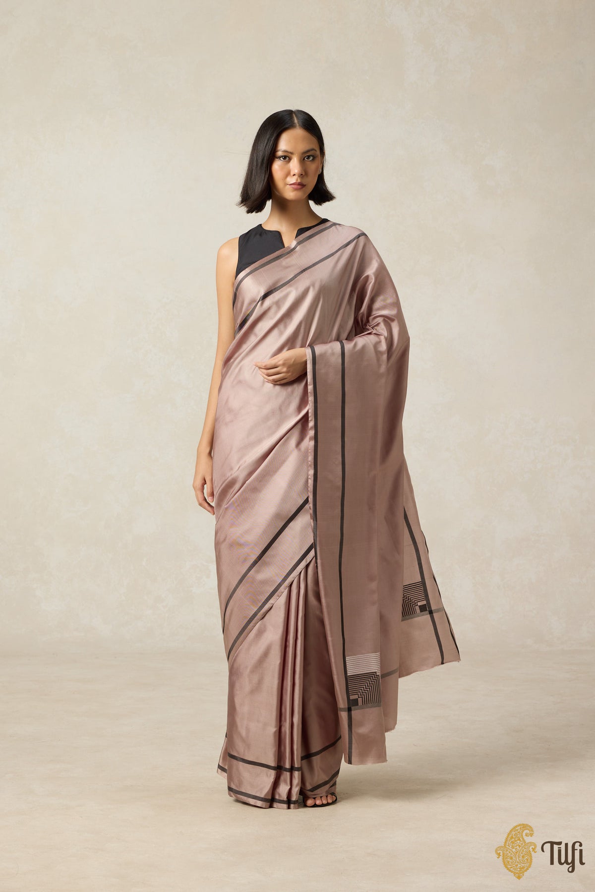 &#39;Concerto&#39; Pastel Brown Pure Silk Twill Banarasi Handloom Sare