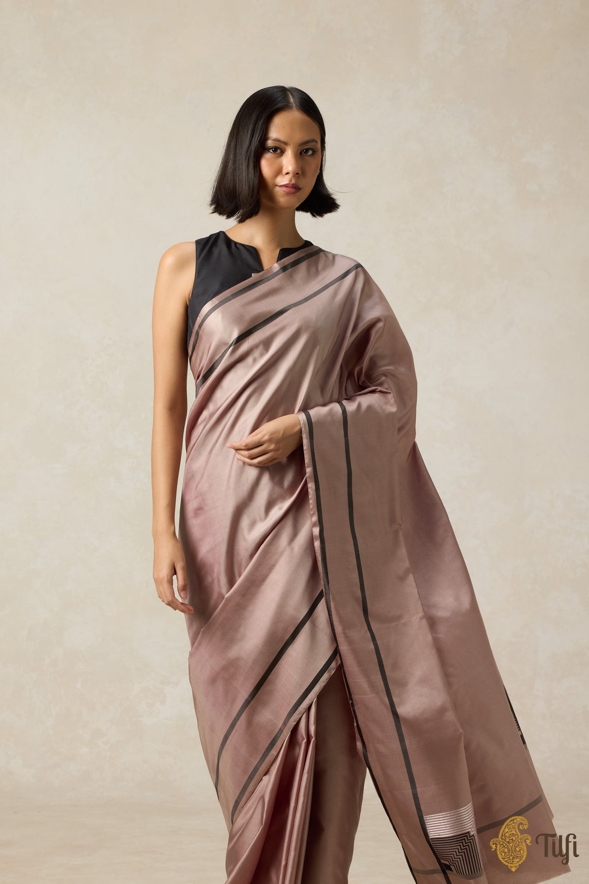 &#39;Concerto&#39; Pastel Brown Pure Silk Twill Banarasi Handloom Sare