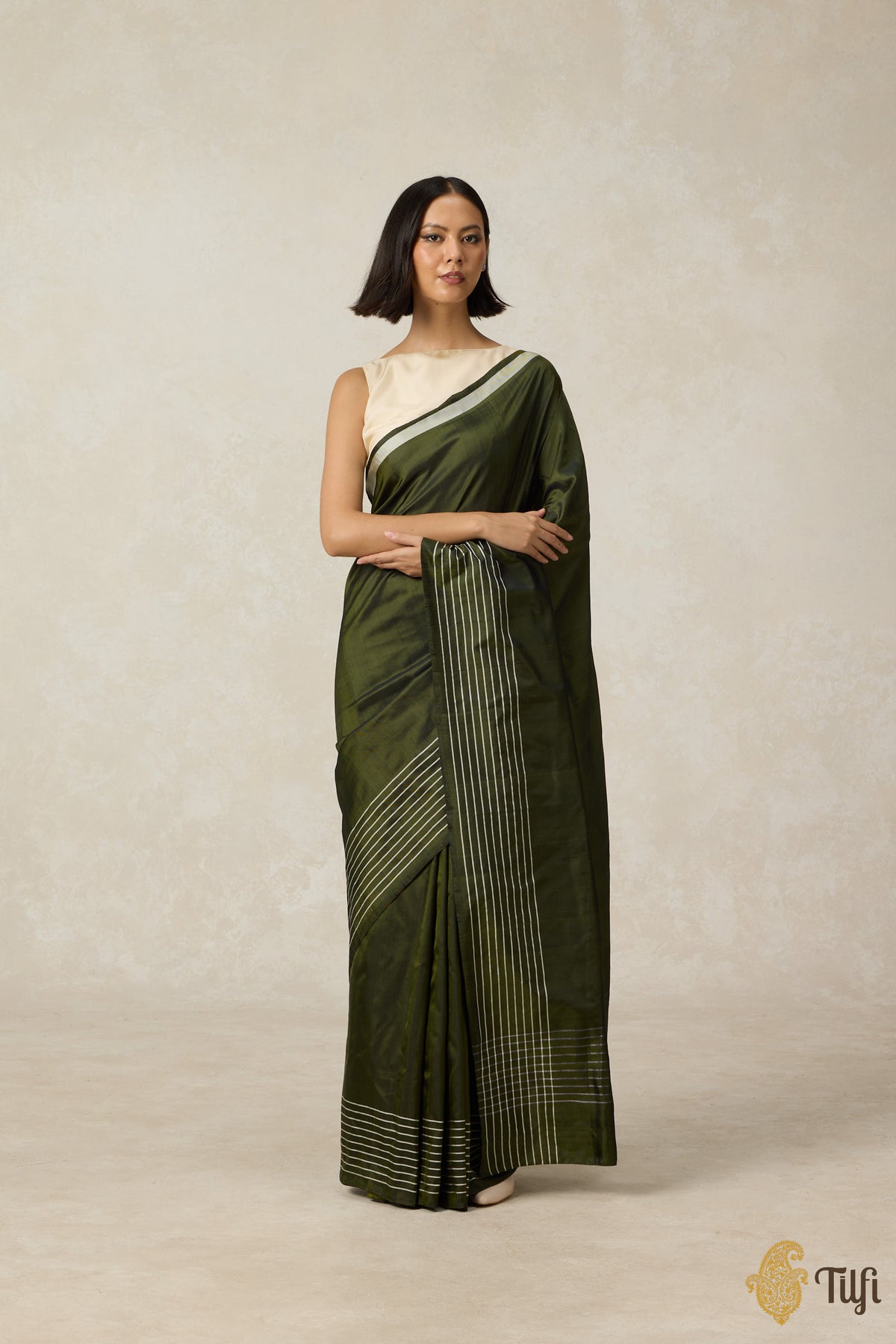 Pre-Order: &#39;Nocturne&#39; Olive Green Pure Silk Twill Banarasi Handloom Saree