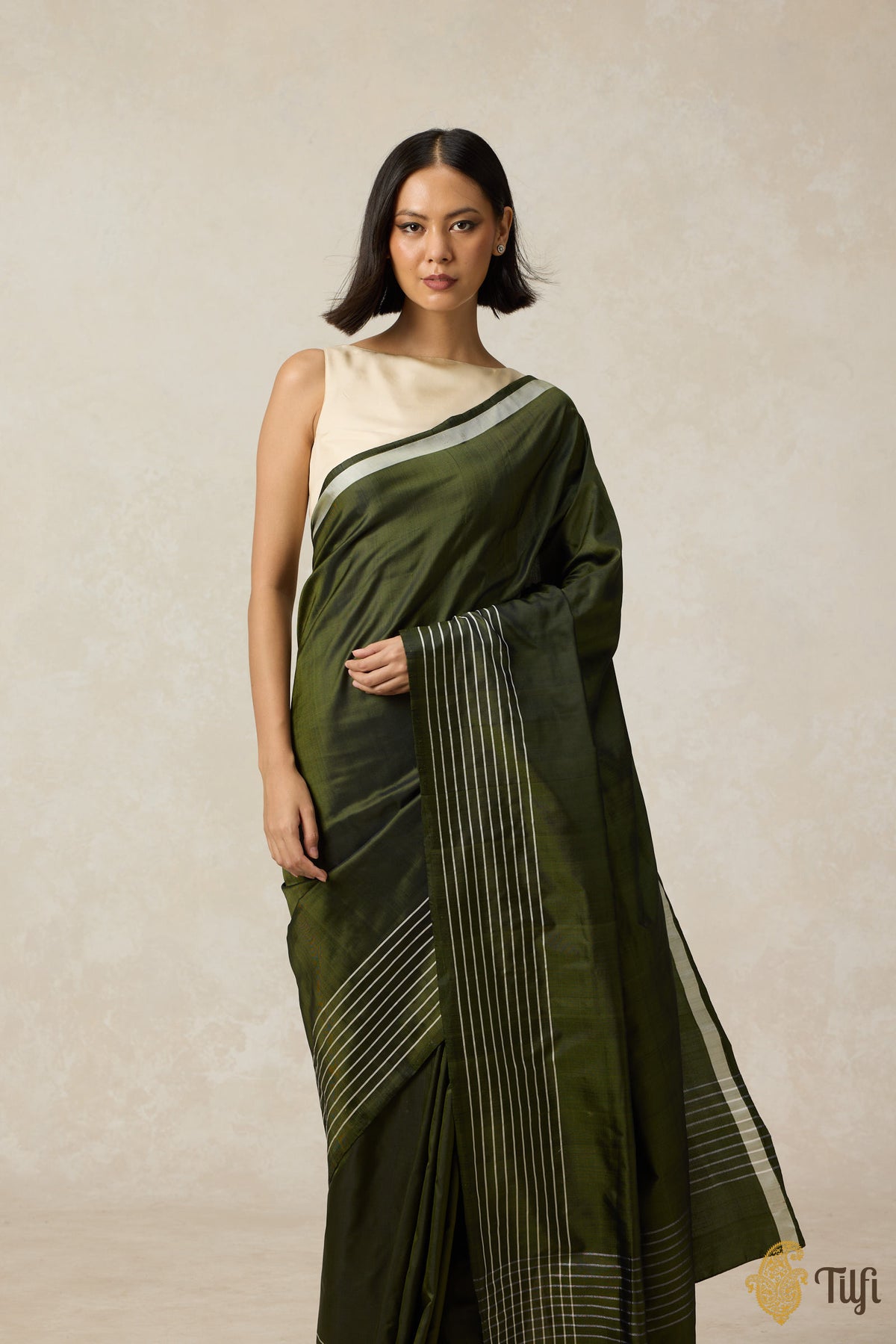 Pre-Order: &#39;Nocturne&#39; Olive Green Pure Silk Twill Banarasi Handloom Saree