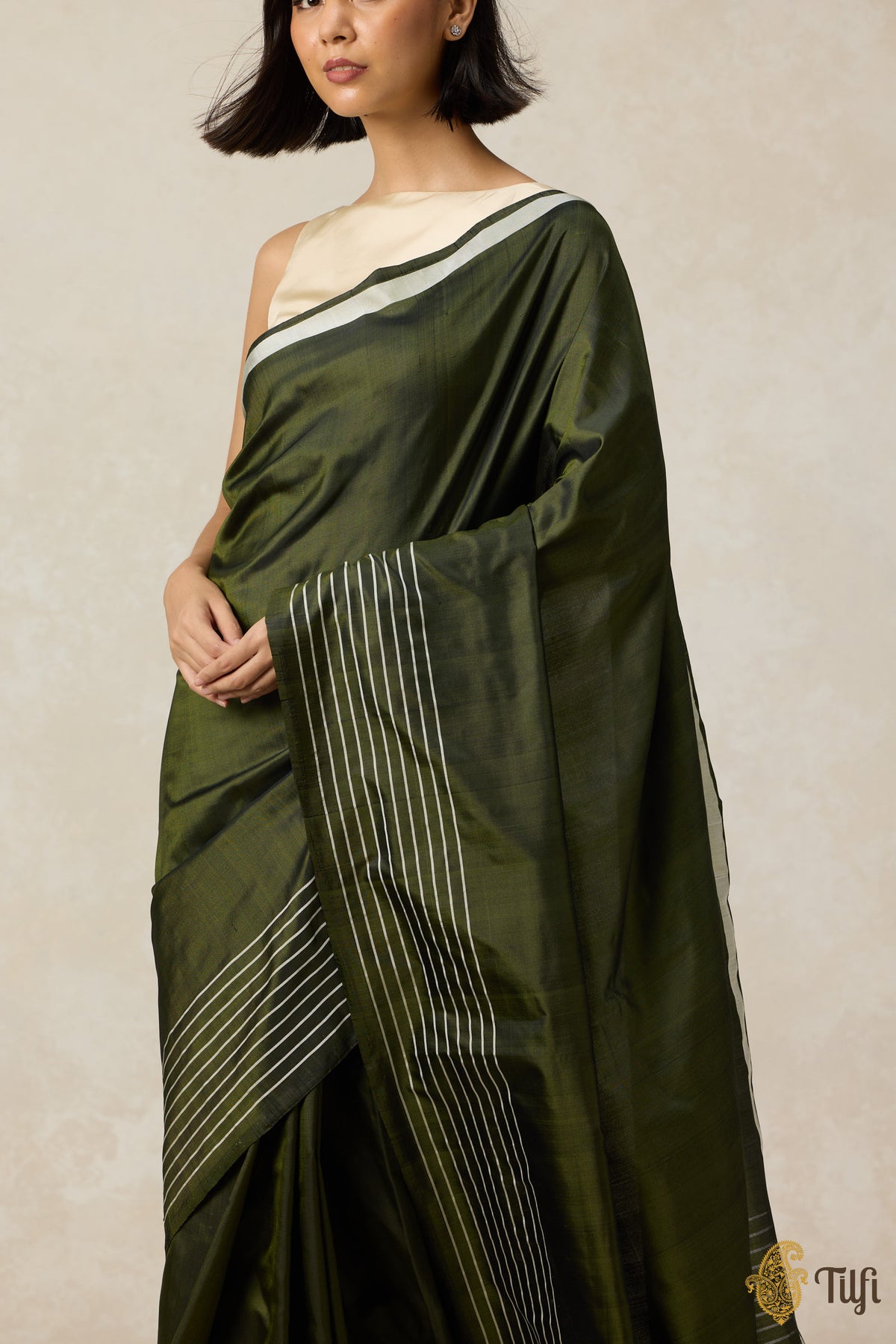 Pre-Order: &#39;Nocturne&#39; Olive Green Pure Silk Twill Banarasi Handloom Saree