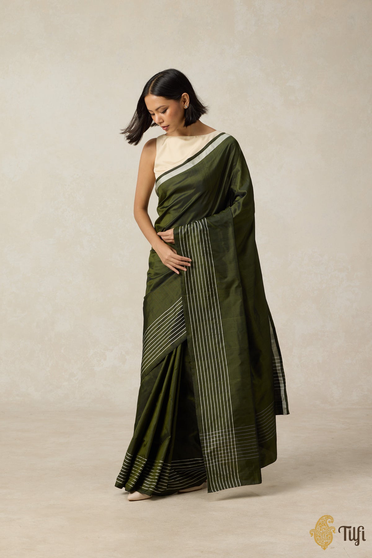 Pre-Order: &#39;Nocturne&#39; Olive Green Pure Silk Twill Banarasi Handloom Saree