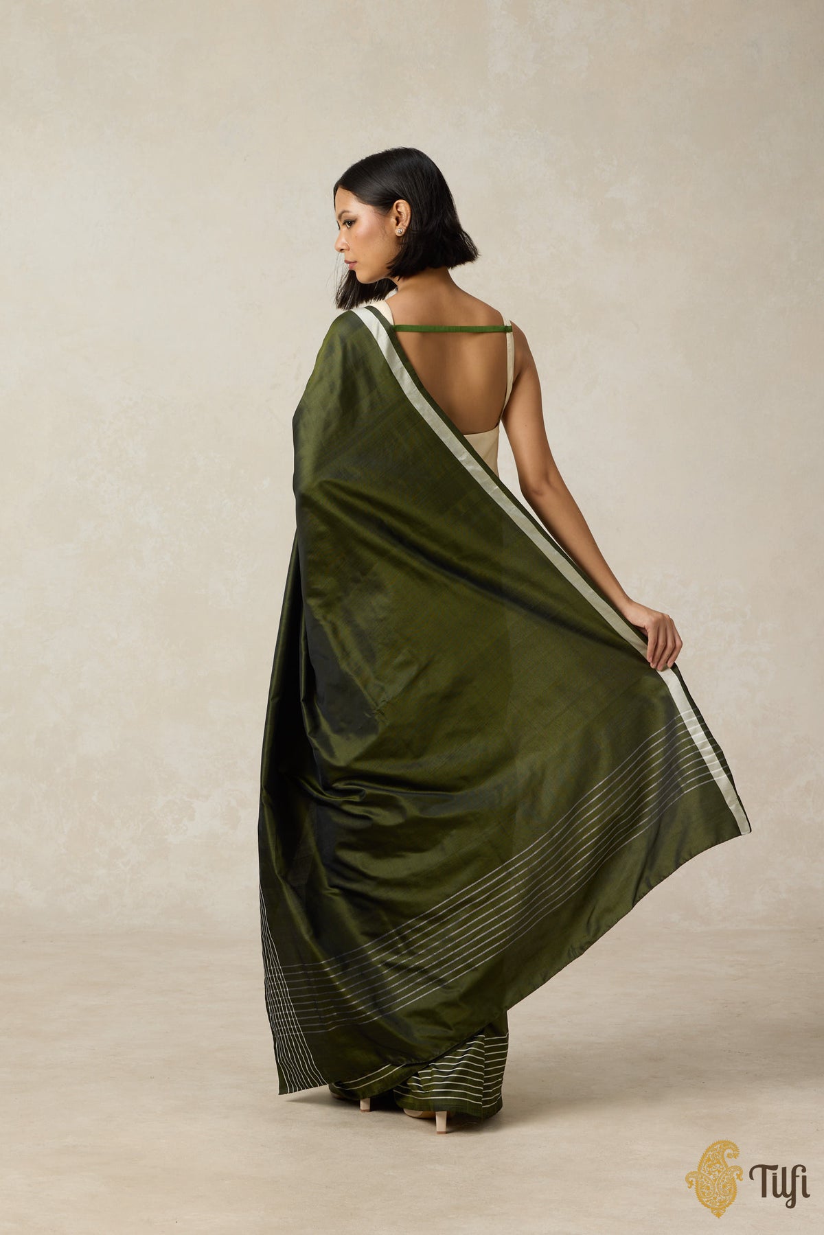 Pre-Order: &#39;Nocturne&#39; Olive Green Pure Silk Twill Banarasi Handloom Saree